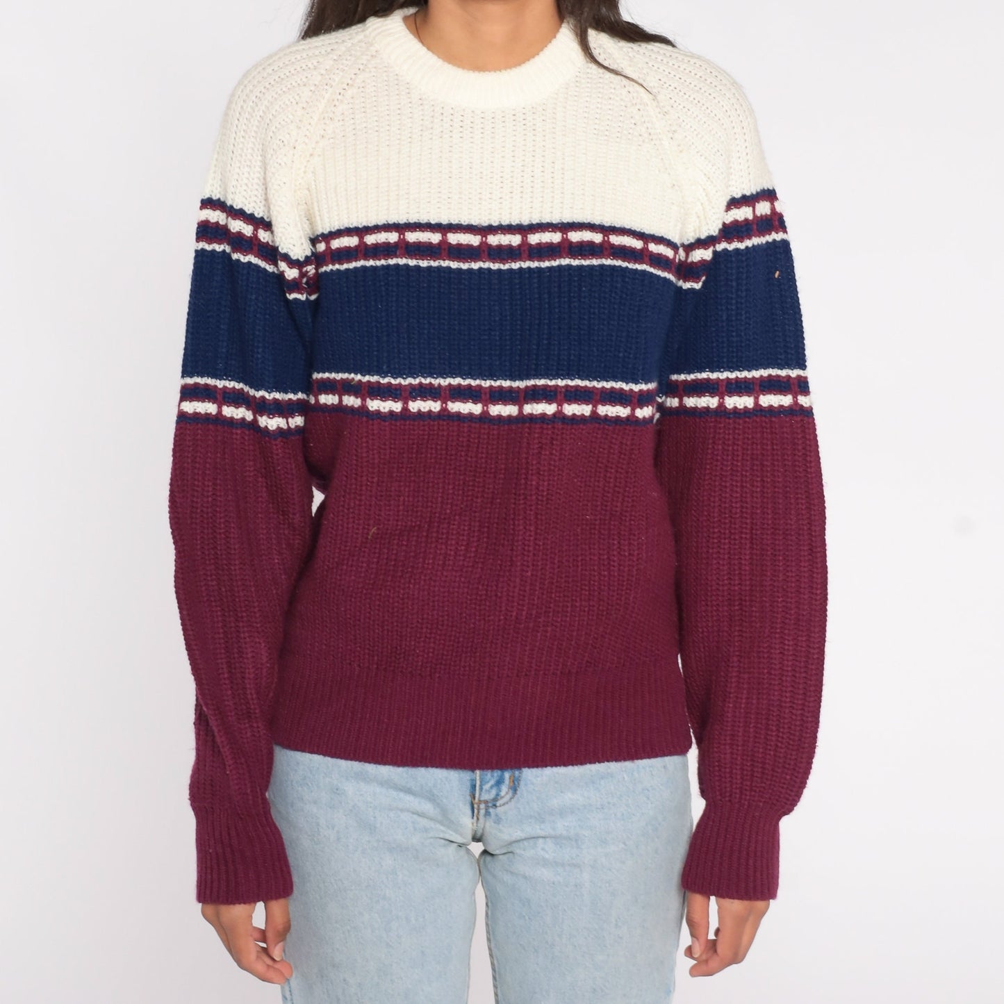 80s St. Johns Bay Colour Block Striped Raglan Sweater Purple Blue White Medium