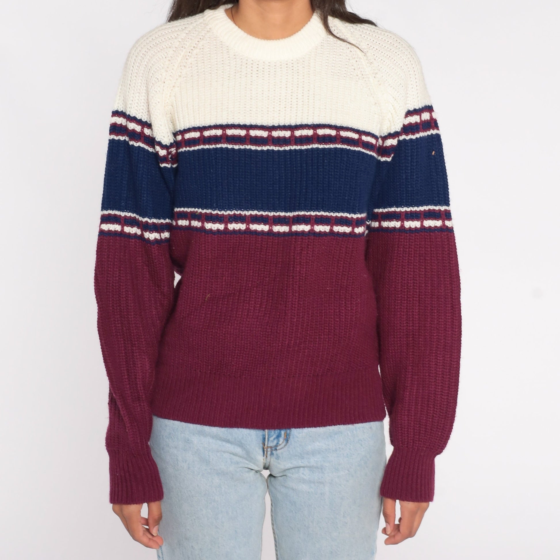 80s St. Johns Bay Colour Block Striped Raglan Sweater Purple Blue White Medium