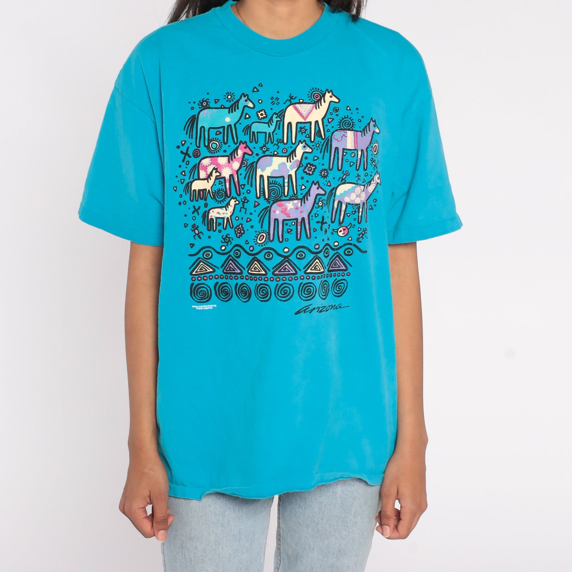 90s Arizona Wild Horse Graphic T-Shirt Blue Southwestern Petroglyph Extra Large