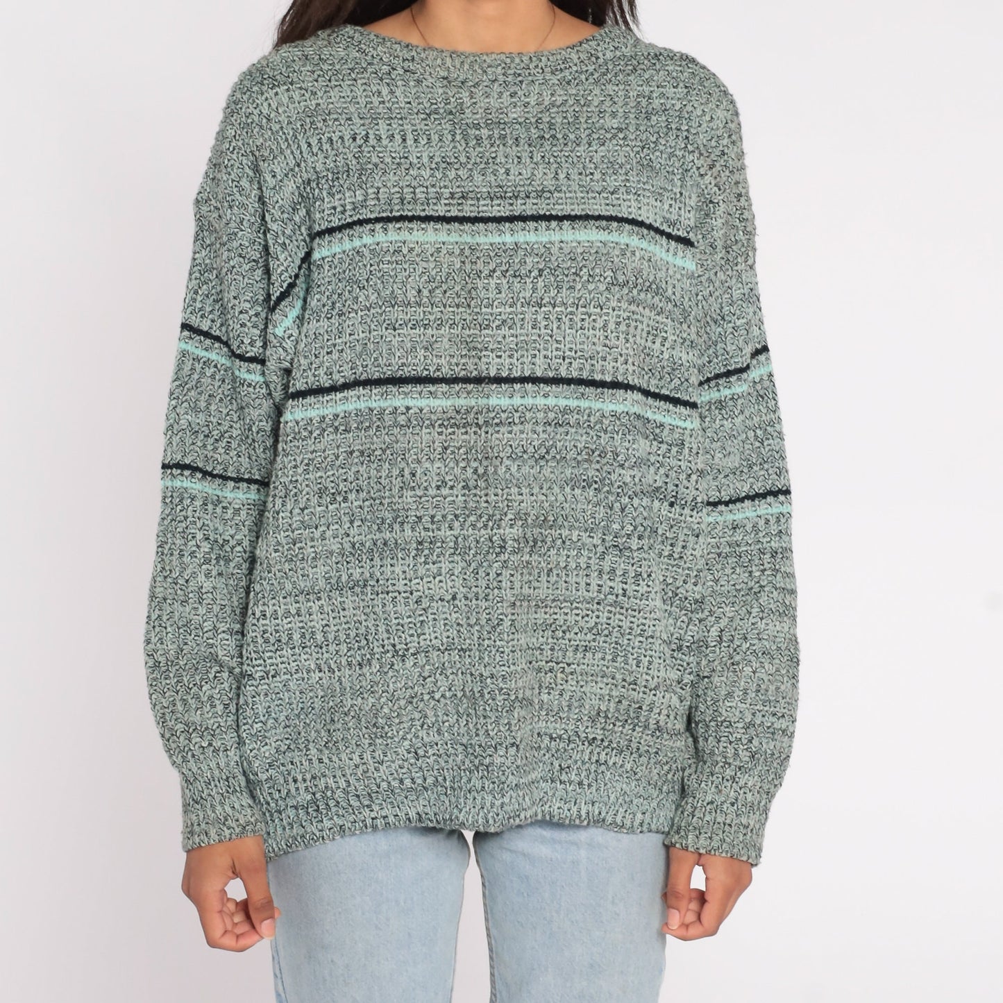 80s Flecked Striped Knit Sweater Navy Aqua Pullover Large L