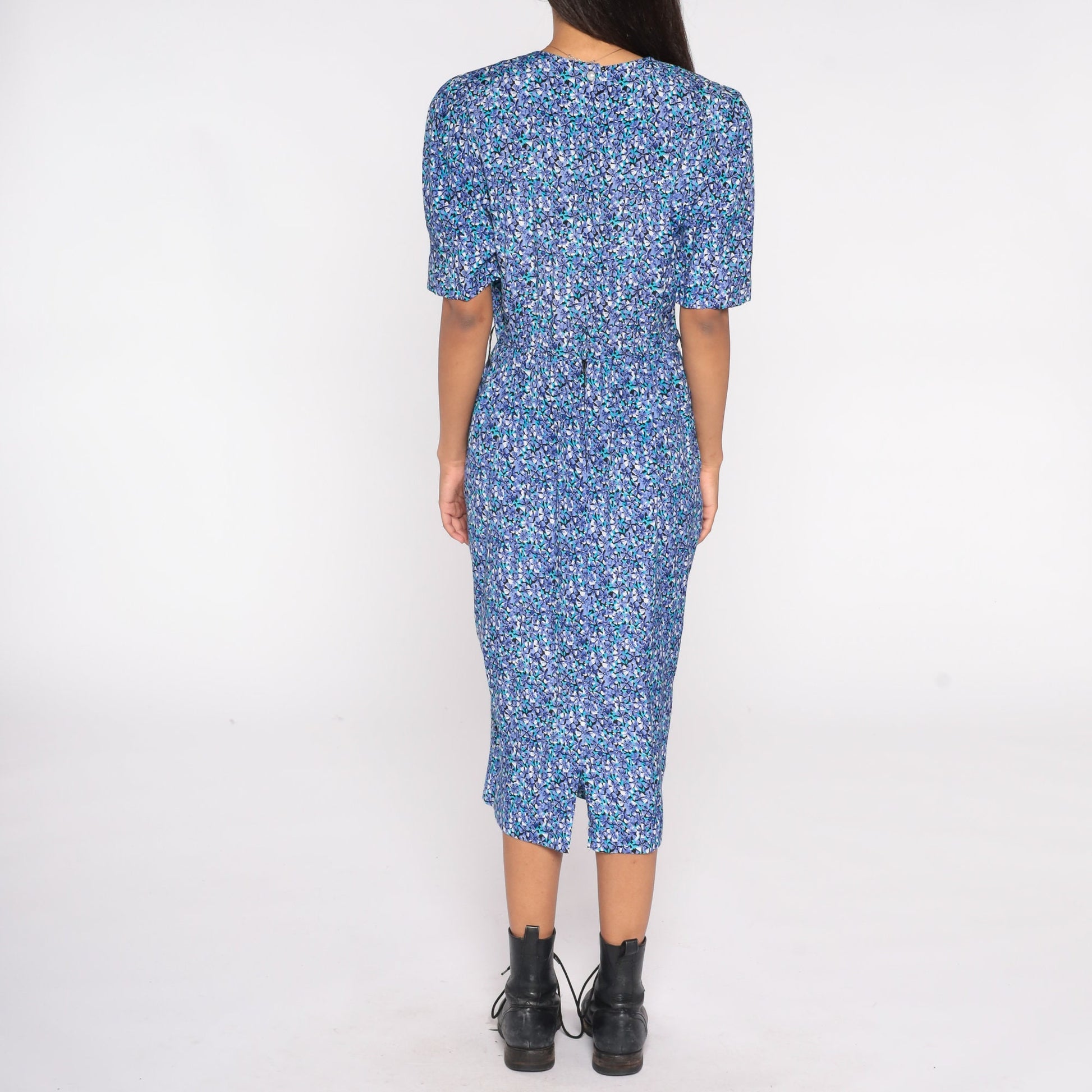 80s Blue Floral Midi Dress Puff Sleeve High Waist Rayon Medium