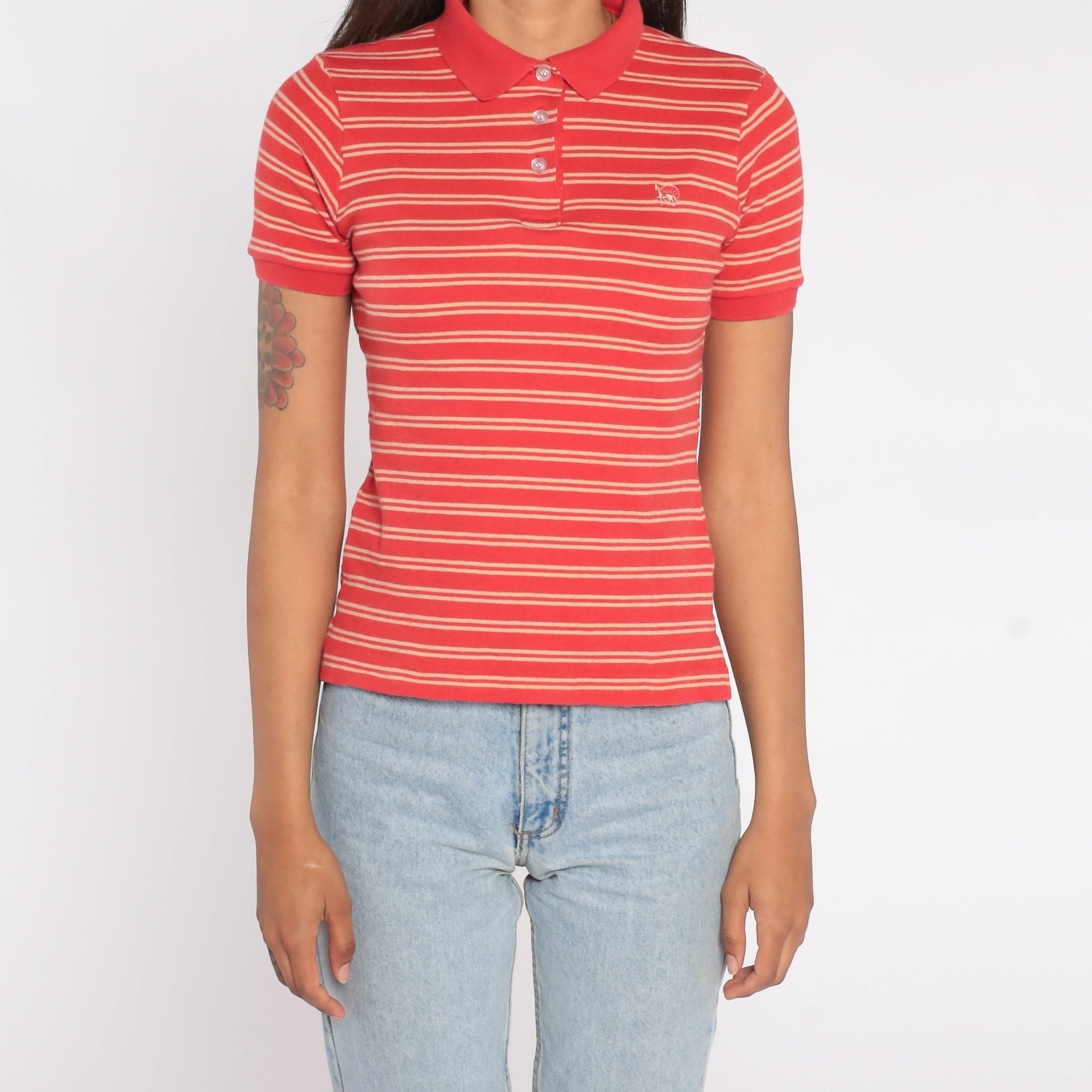 90s Polo Shirt Red Tan Striped Horse Crest Cotton Small S