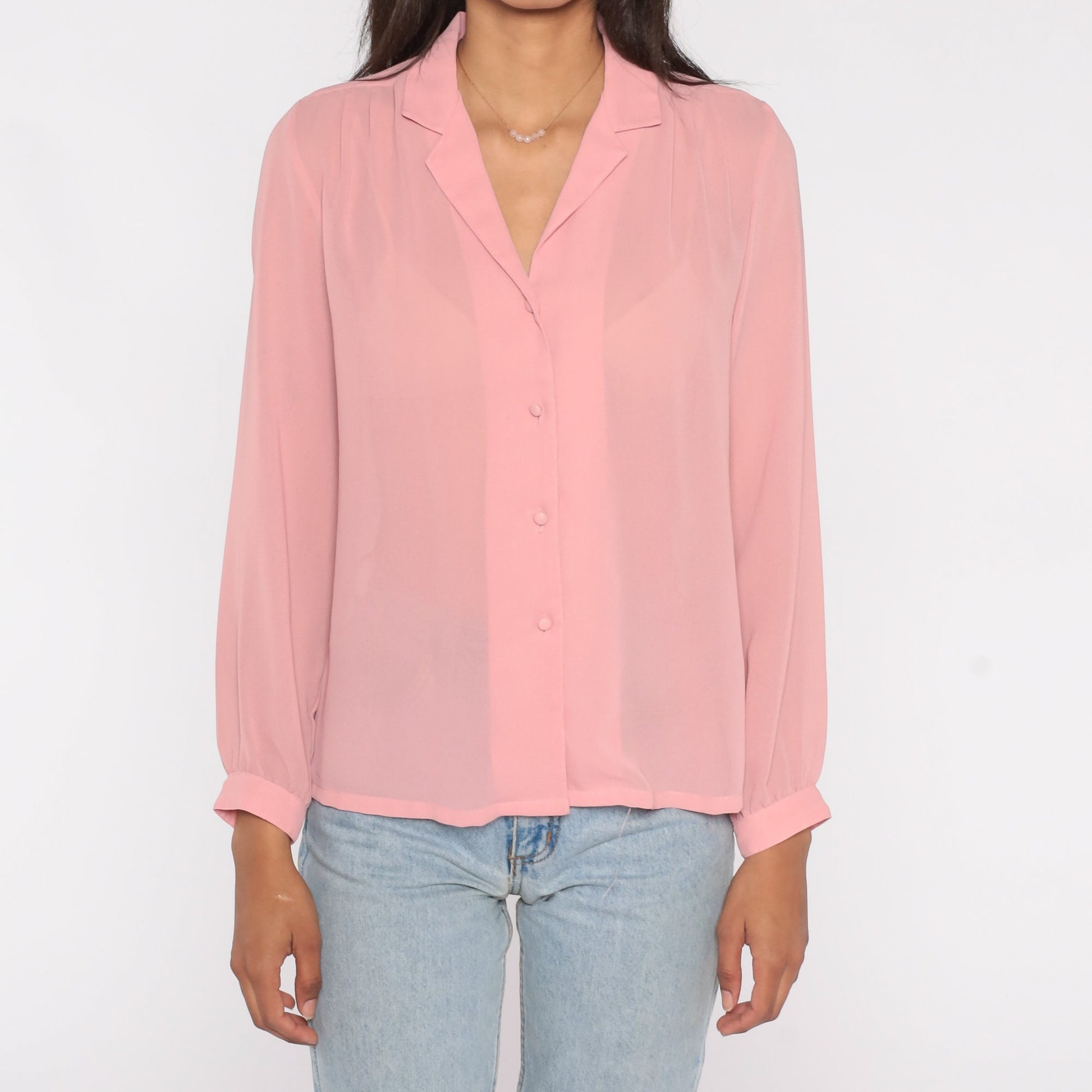 80s Pink Chiffon Blouse Long Sleeve Button Up Sheer Shirt Small