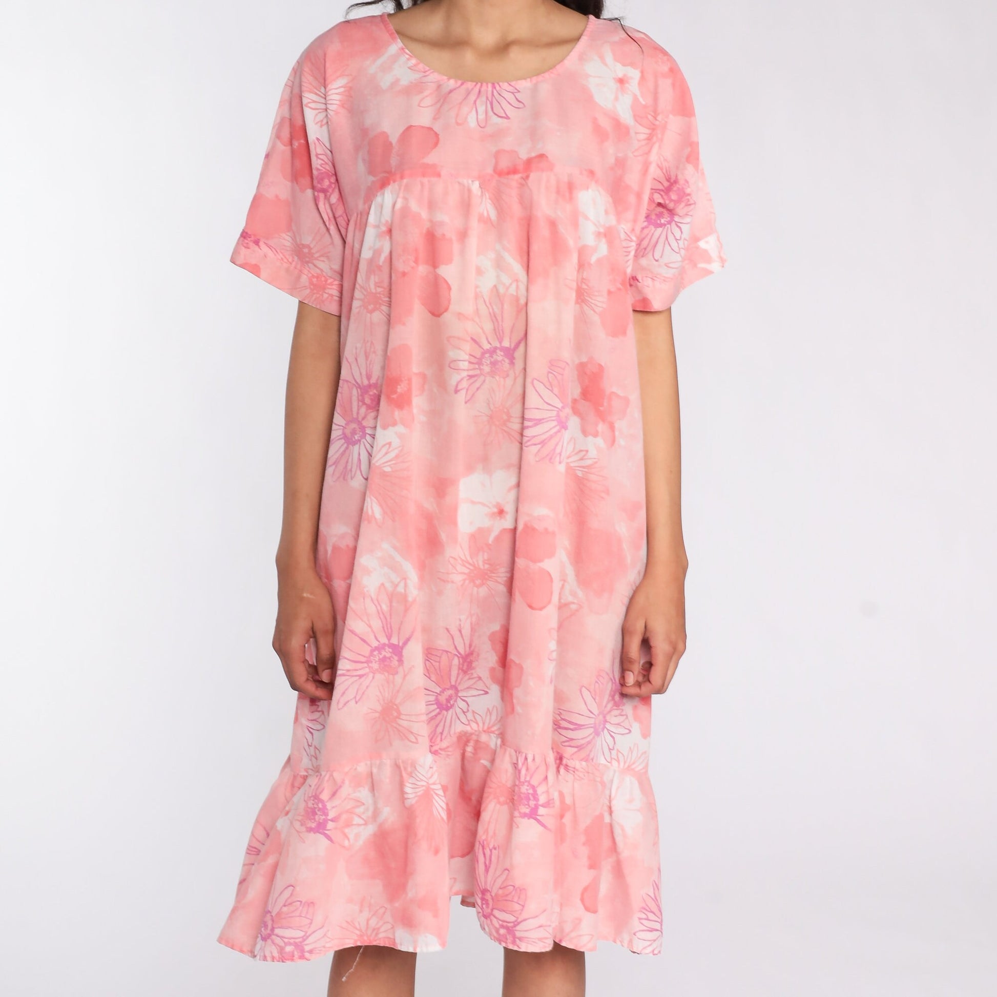 80s Floral Midi Dress Pink Tent Cut Short Sleeve Extra Large