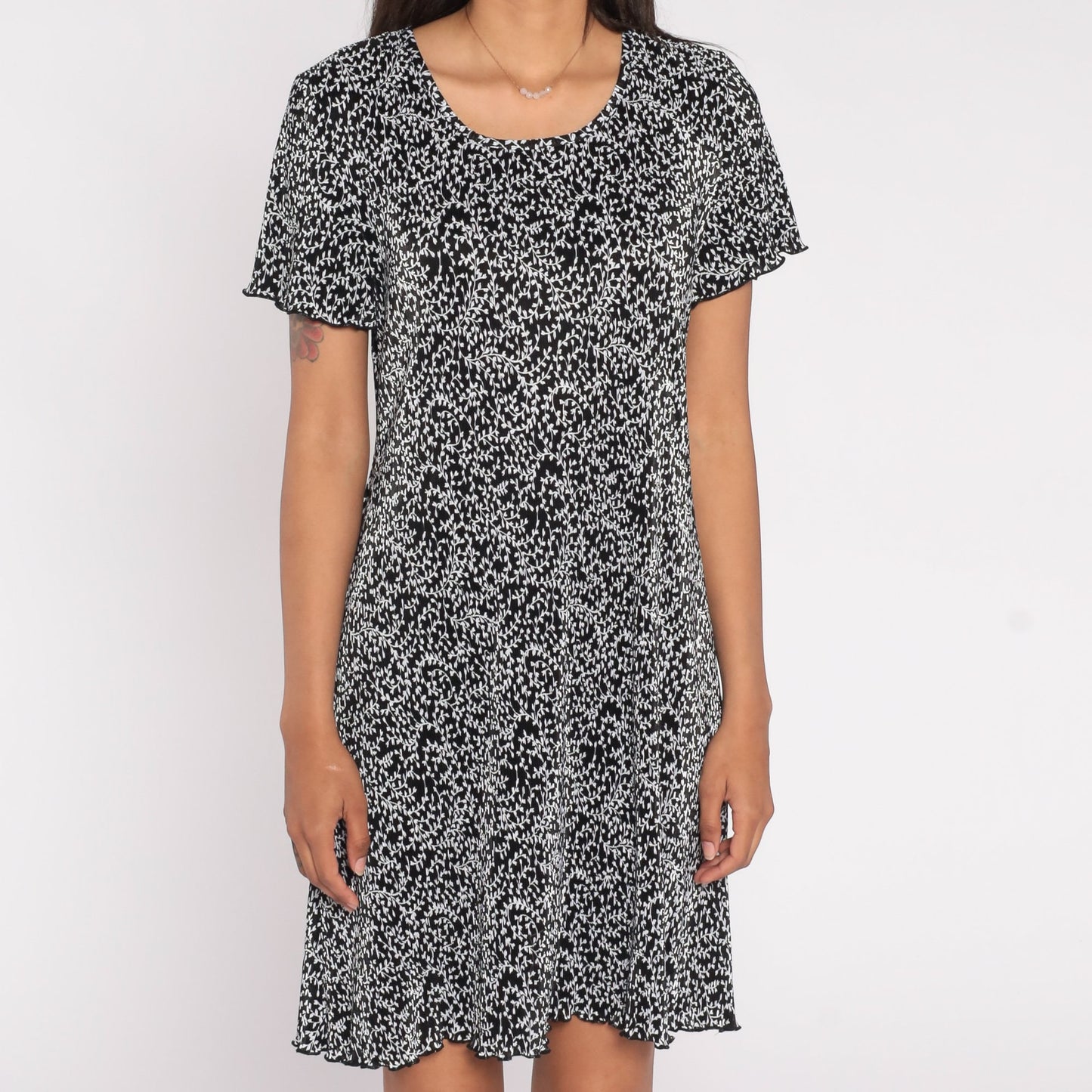 90s Black White Vine Print Mini Dress Shift Short Sleeve Medium