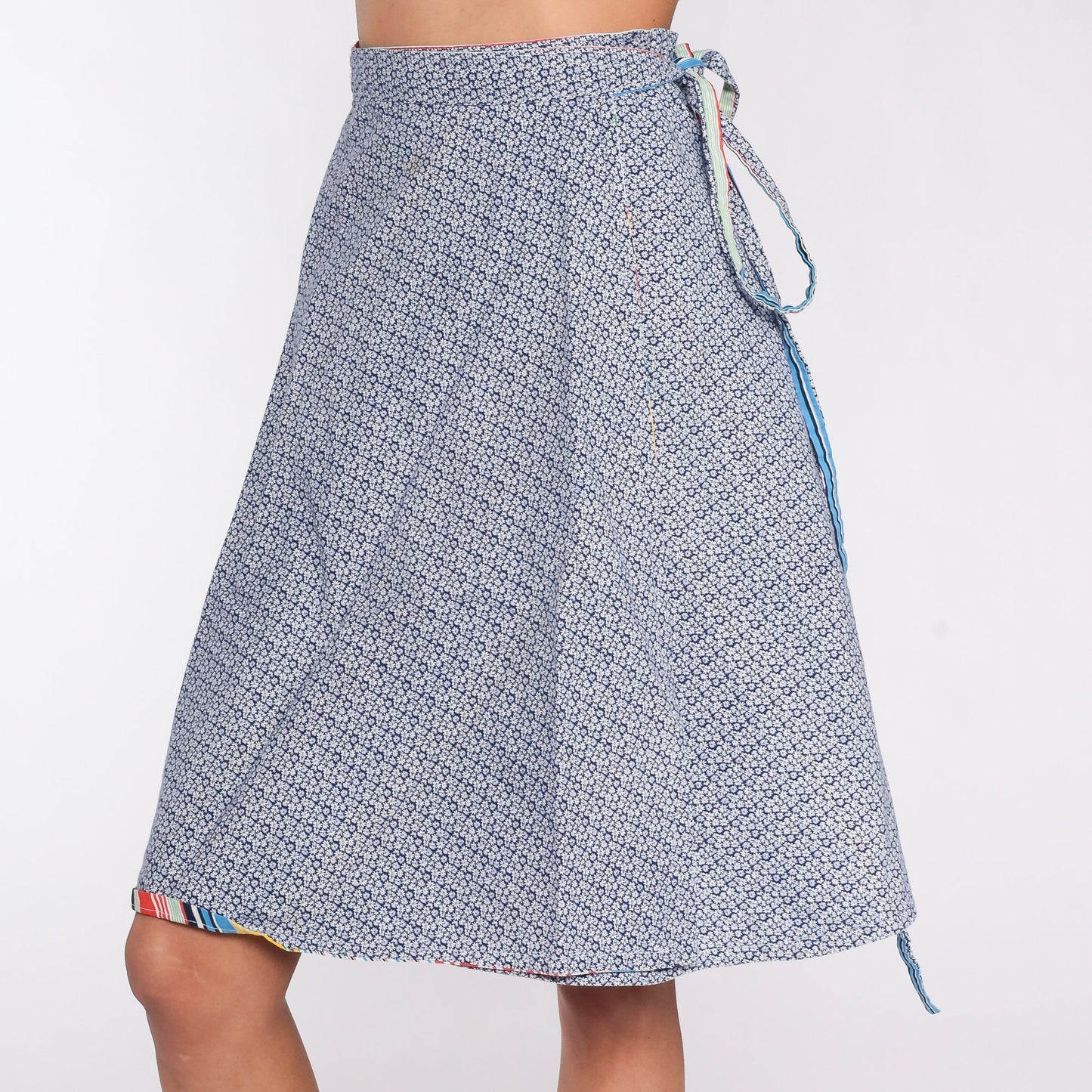 70s Reversible Wrap Skirt Rainbow Stripe Floral Blue Midi High Waist Medium