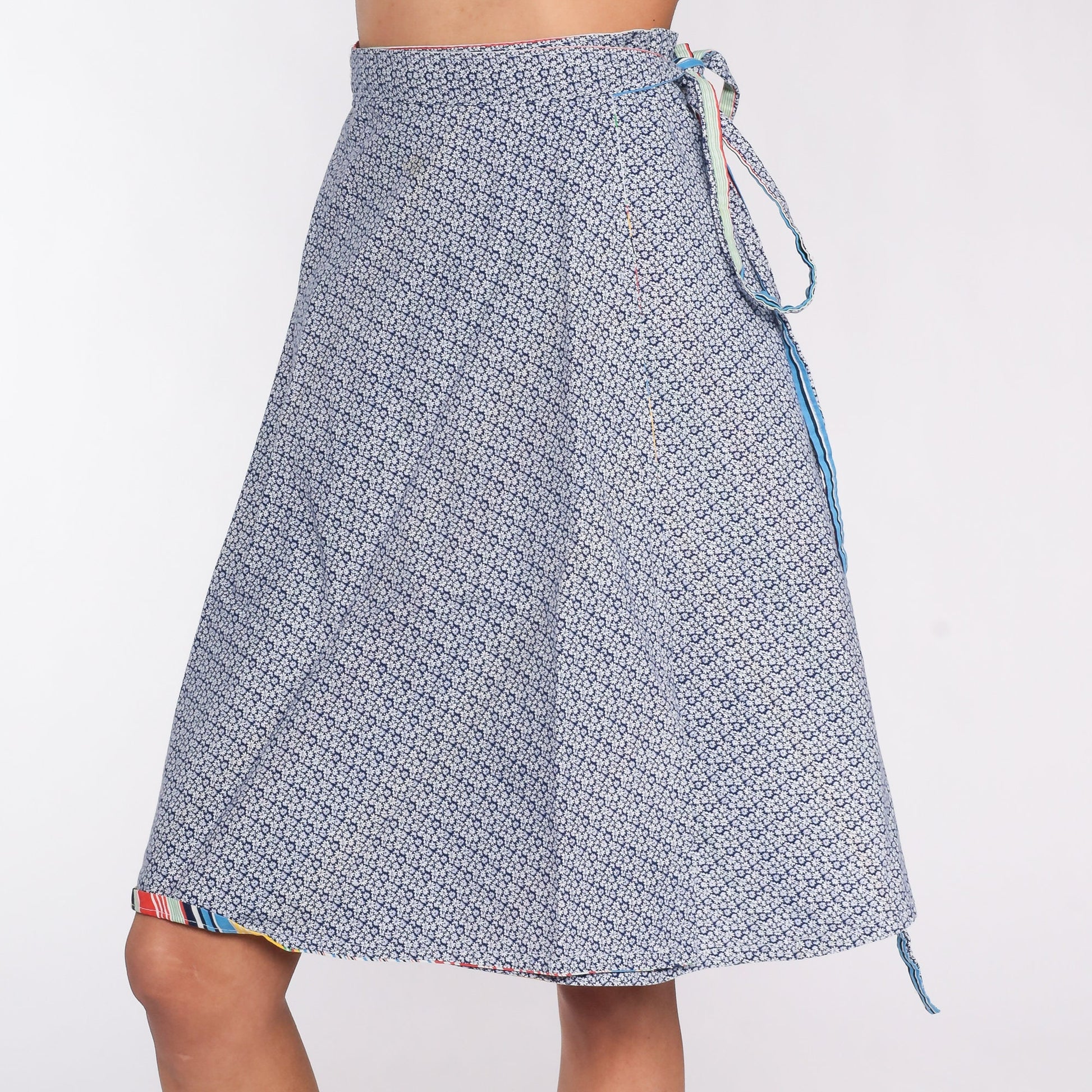 70s Reversible Wrap Skirt Rainbow Stripe Floral Blue Midi High Waist Medium