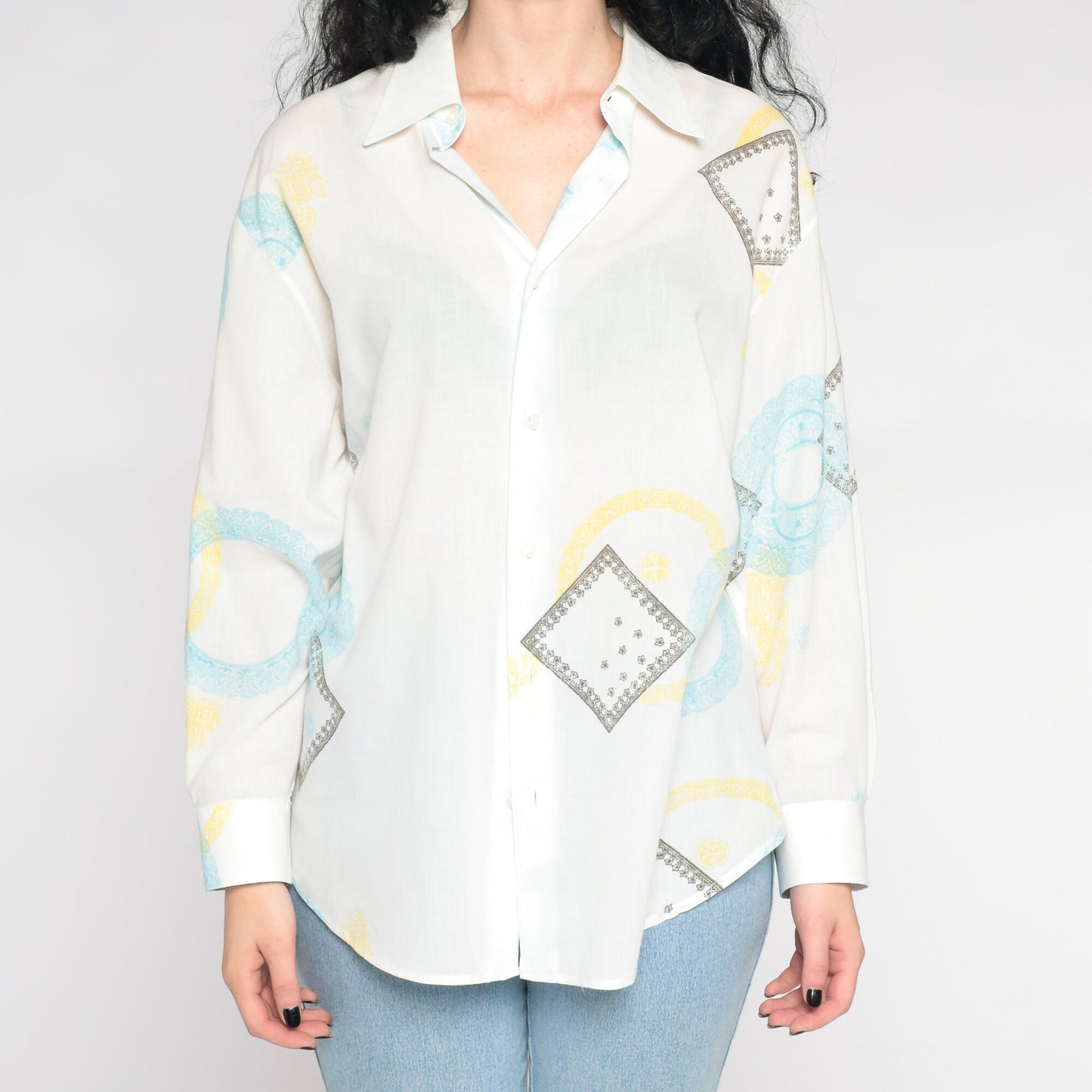 Y2K Geometric Button-Up Shirt White Pointed Collar 00s Long Sleeve Extra Large