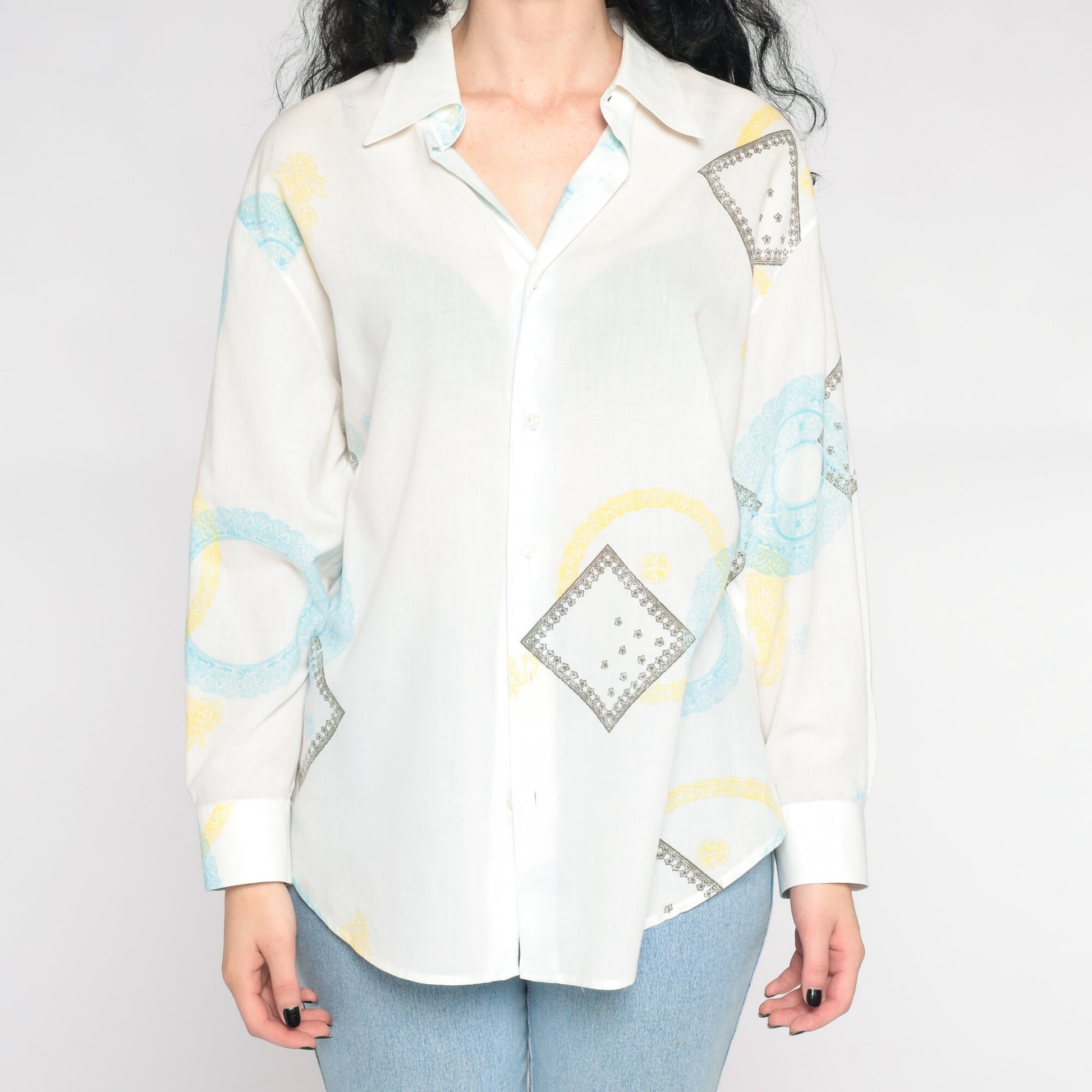 Y2K Geometric Button-Up Shirt White Pointed Collar 00s Long Sleeve Extra Large