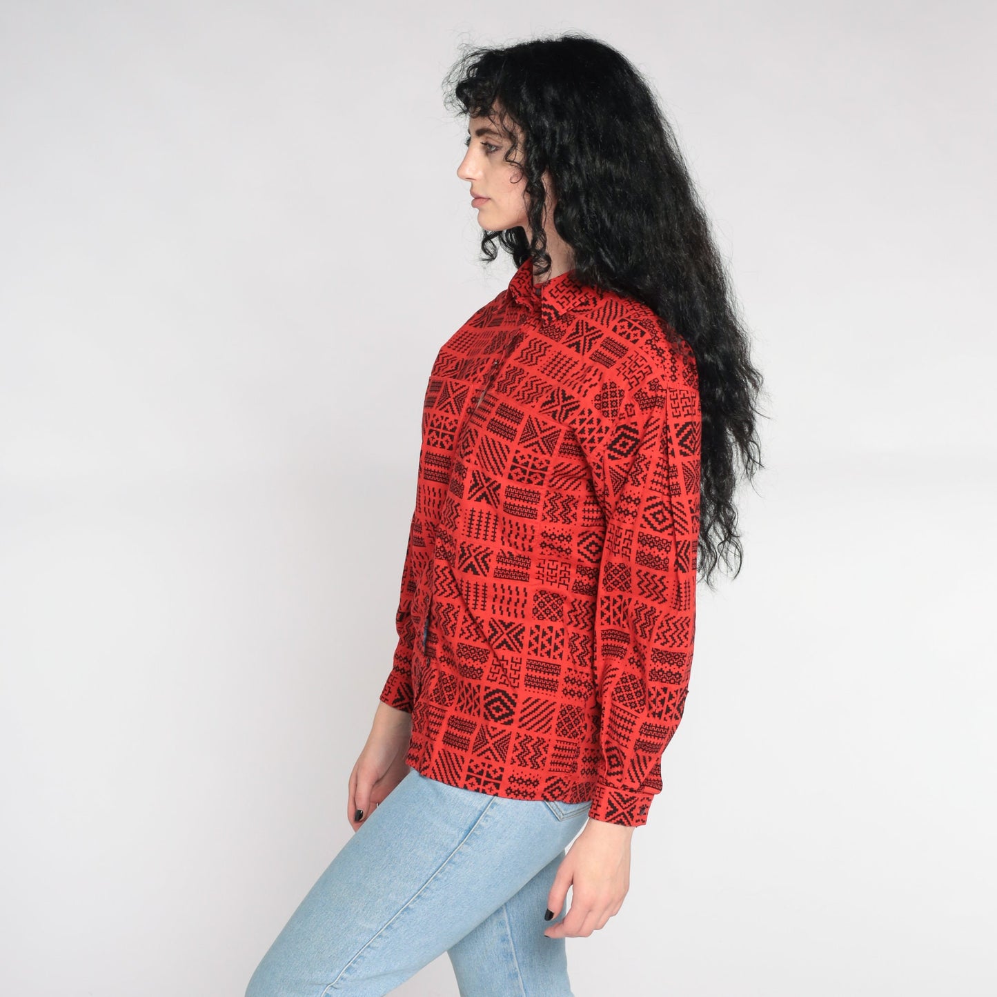 80s Liz Claiborne Geometric Button Up Shirt Red Southwestern Zig Zag Small