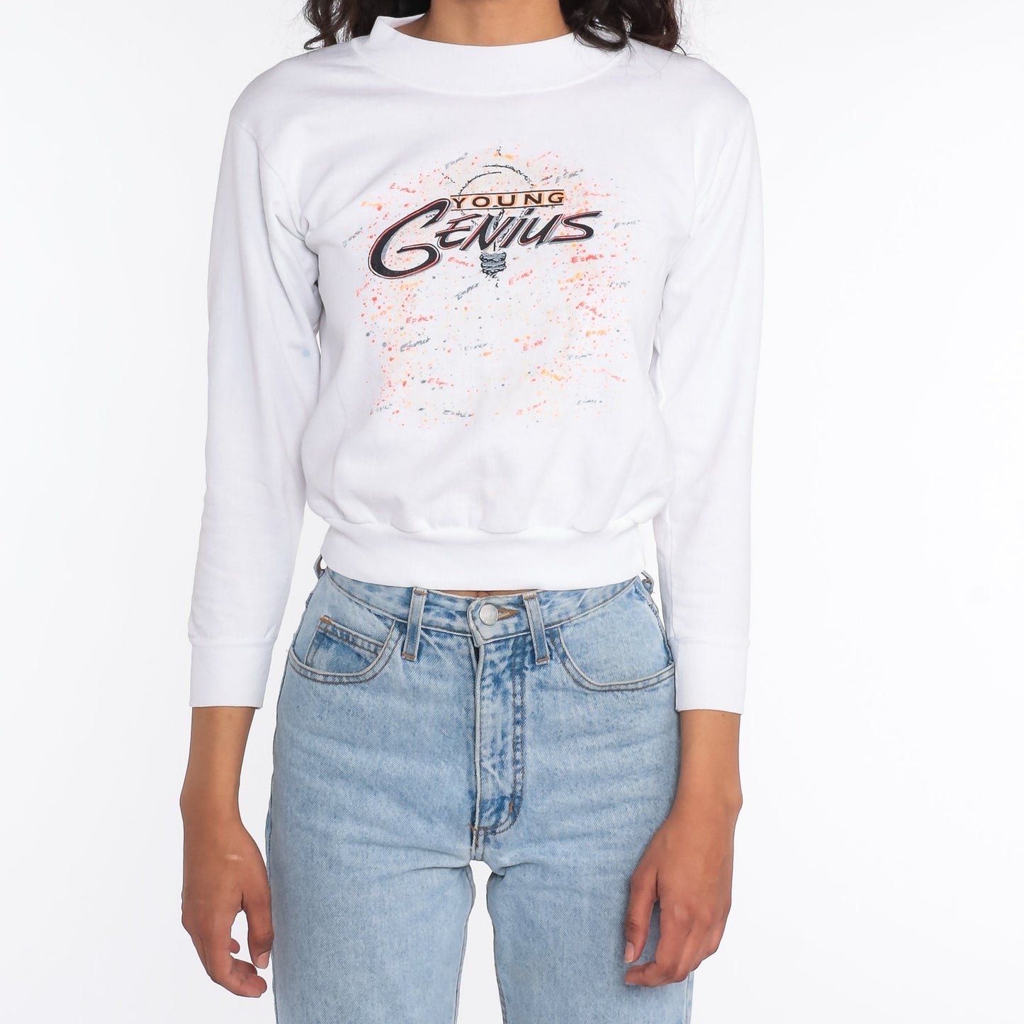 90s Young Genius Cropped Sweatshirt White Graphic Crewneck XXS