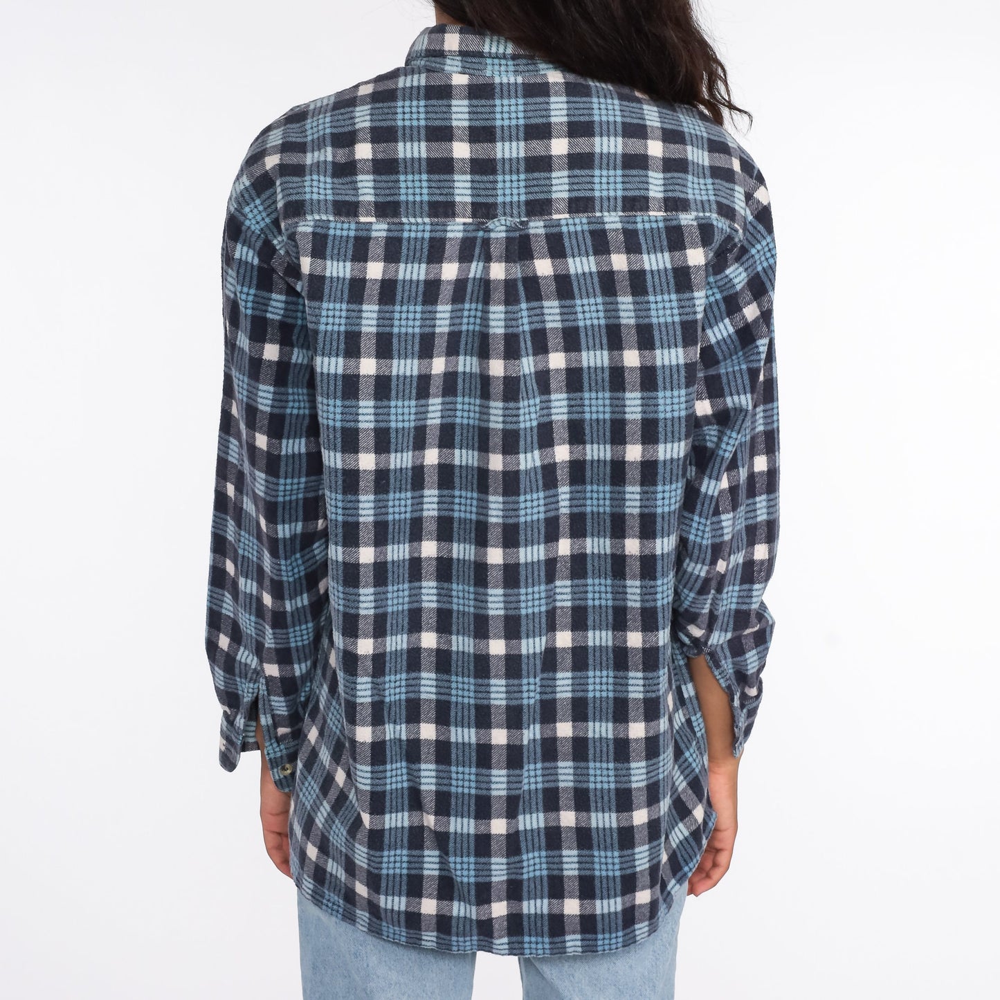 90s Blue Plaid Flannel Shirt Cotton Button-Up Long Sleeve Men's Medium