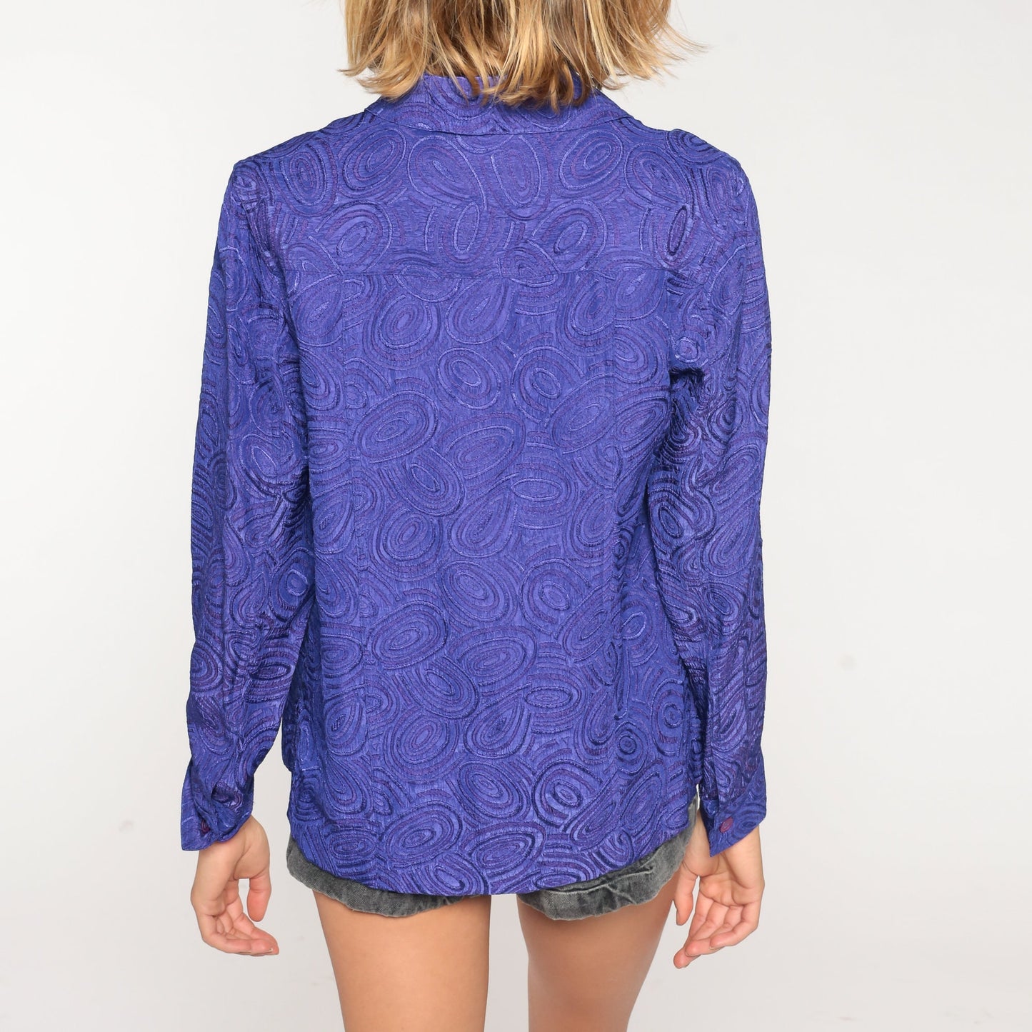 90s Purple Abstract Swirl Blouse Button Up Long Sleeve Collared Small