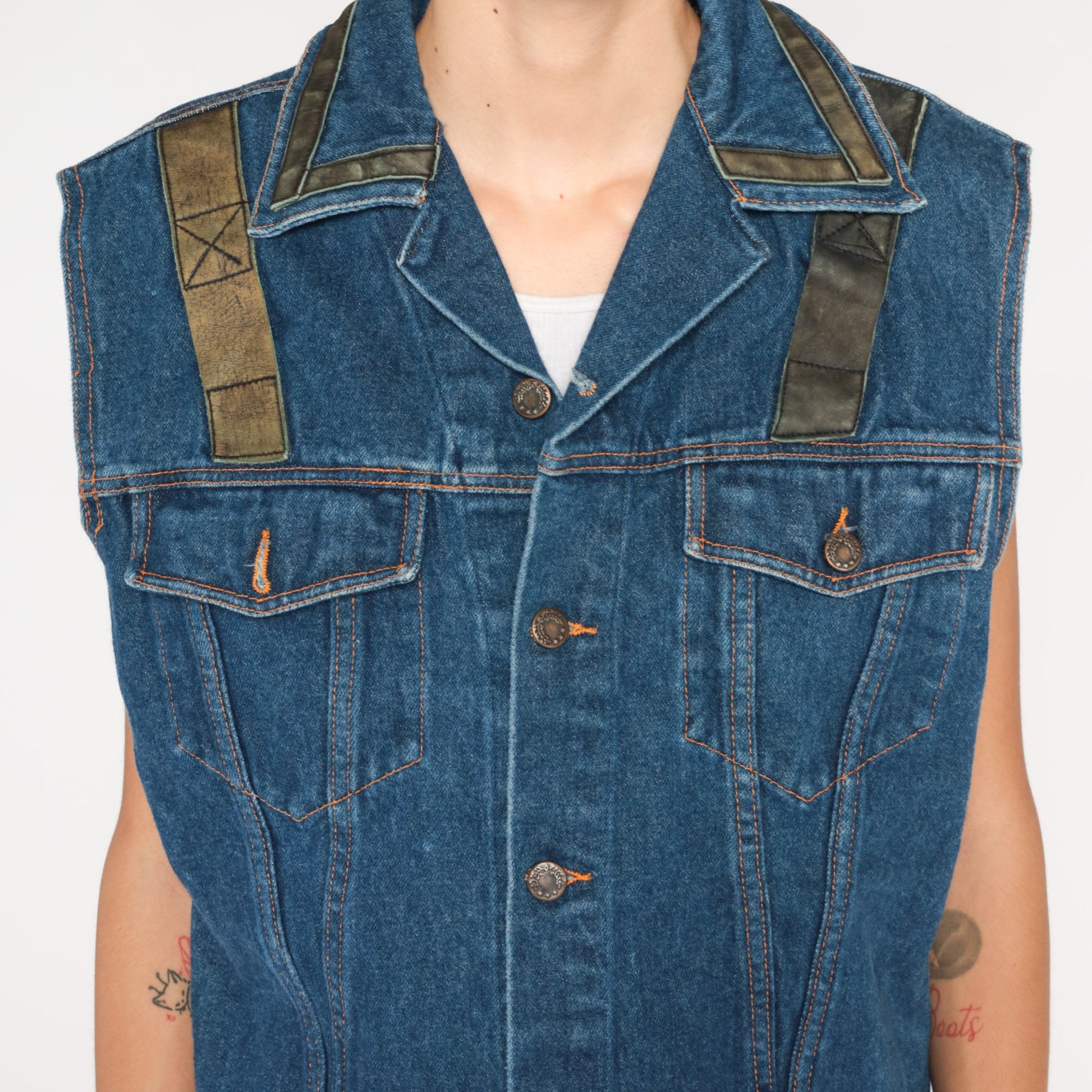 90s Snap-On Tools Denim Vest Blue Leather Trim Button-Up Sleeveless Medium