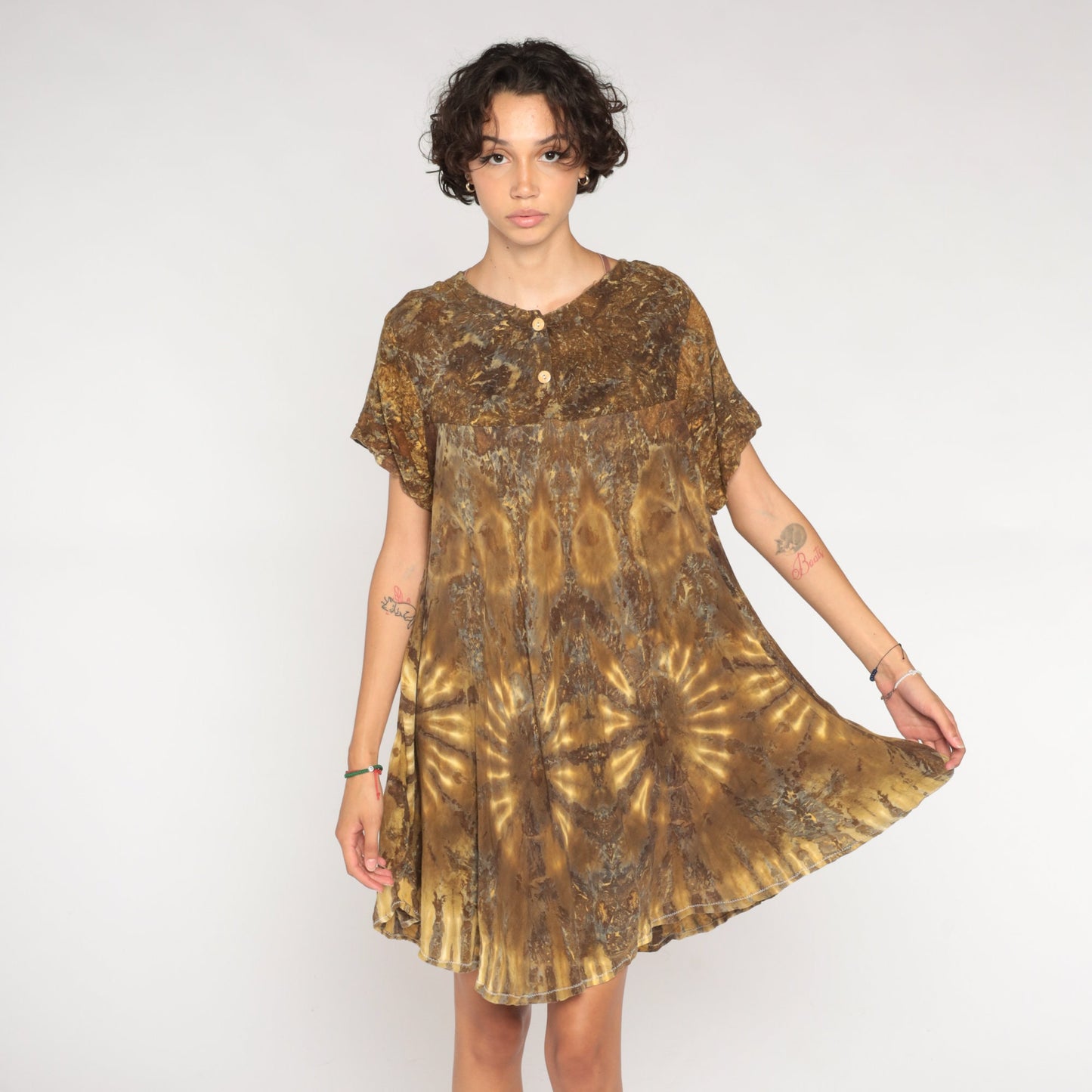 90s Tie Dye Mini Dress Brown Tent Cut Empire Waist Rayon Large