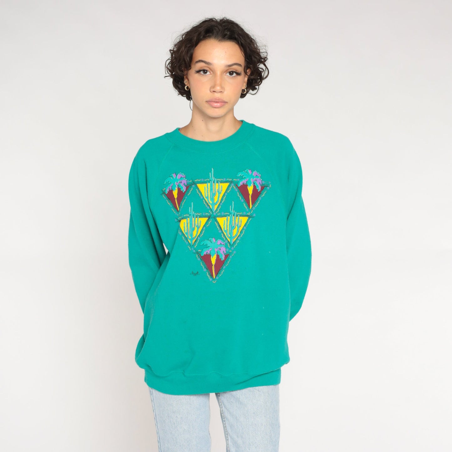 90s Desert Cactus Palm Tree Sweatshirt Green Raglan Graphic Large