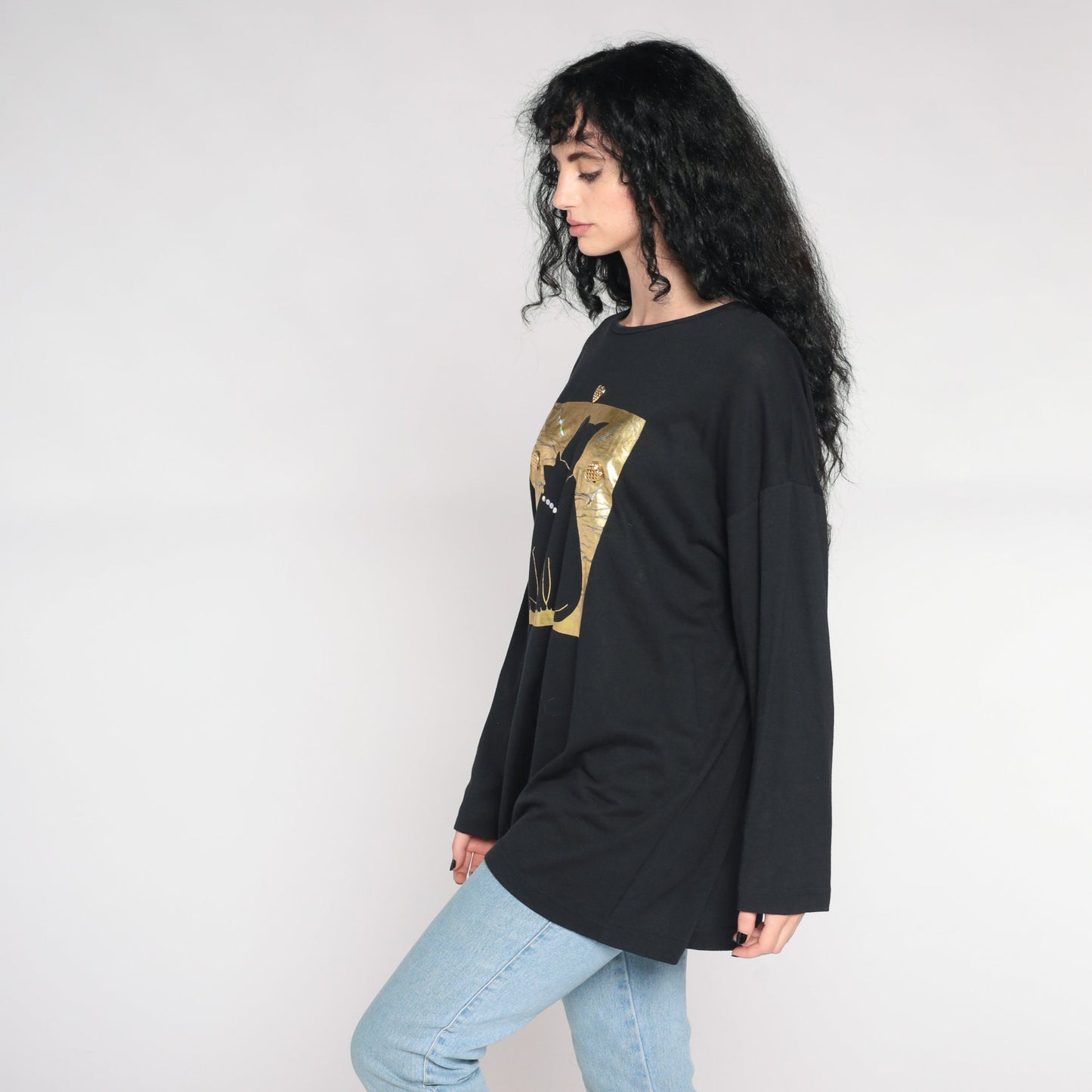 90s Cat Mama Baby Kitten Graphic Tee Gold Metallic Heart Black Extra Large