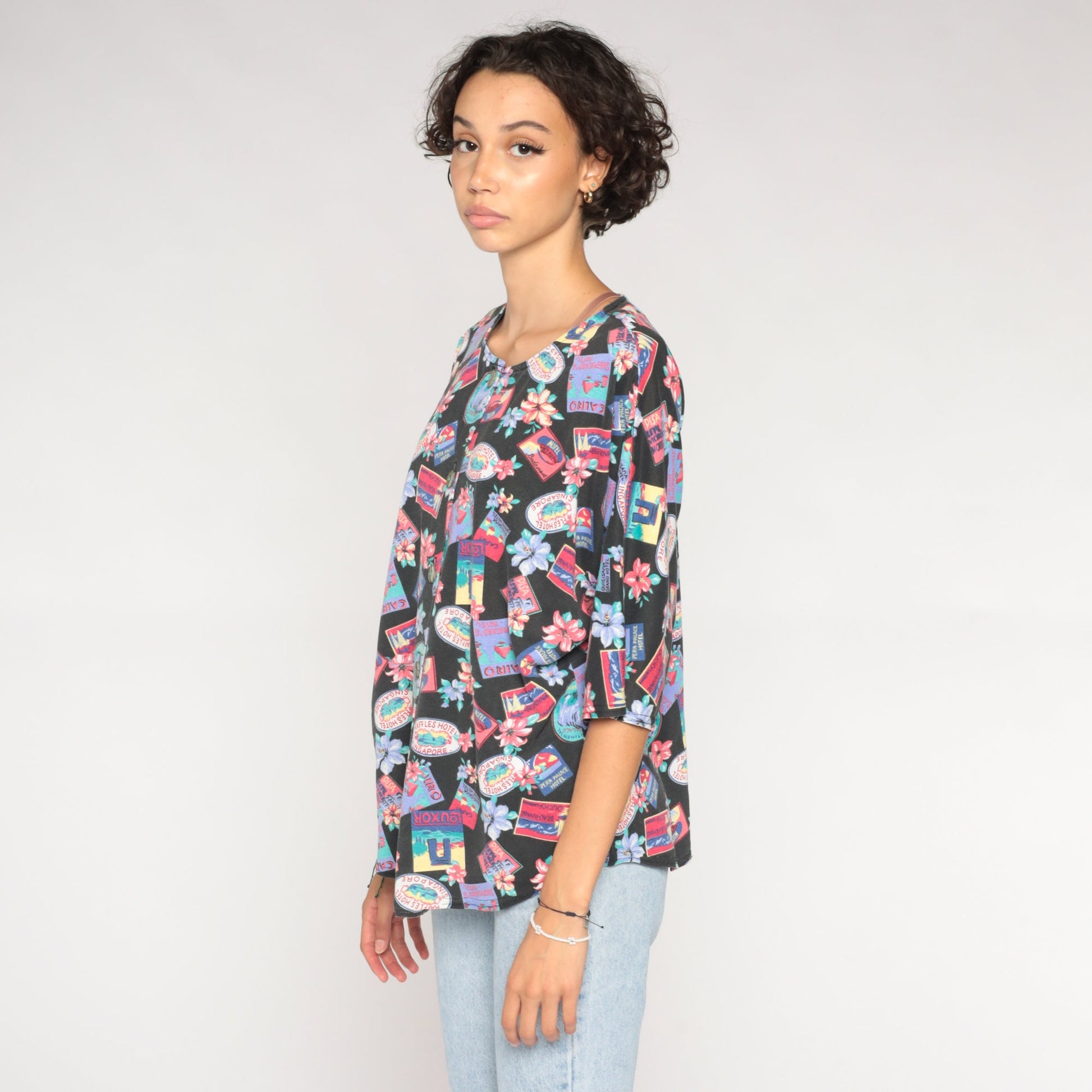 90s Tropical Travel Print Button-Up Shirt Black Graphic Blouse Extra Large