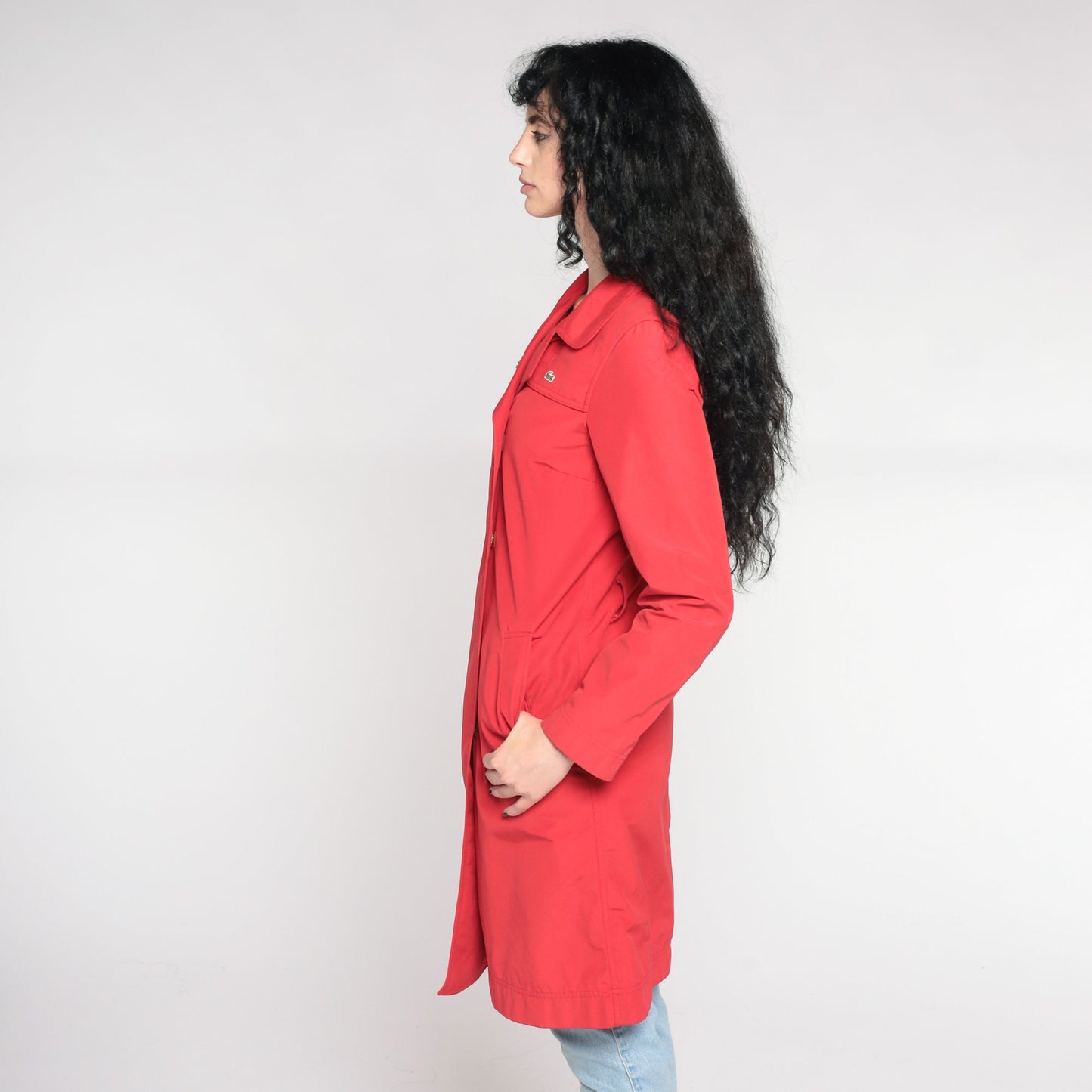 00s Lacoste Red Nylon Trench Coat Knee Length Extra Small