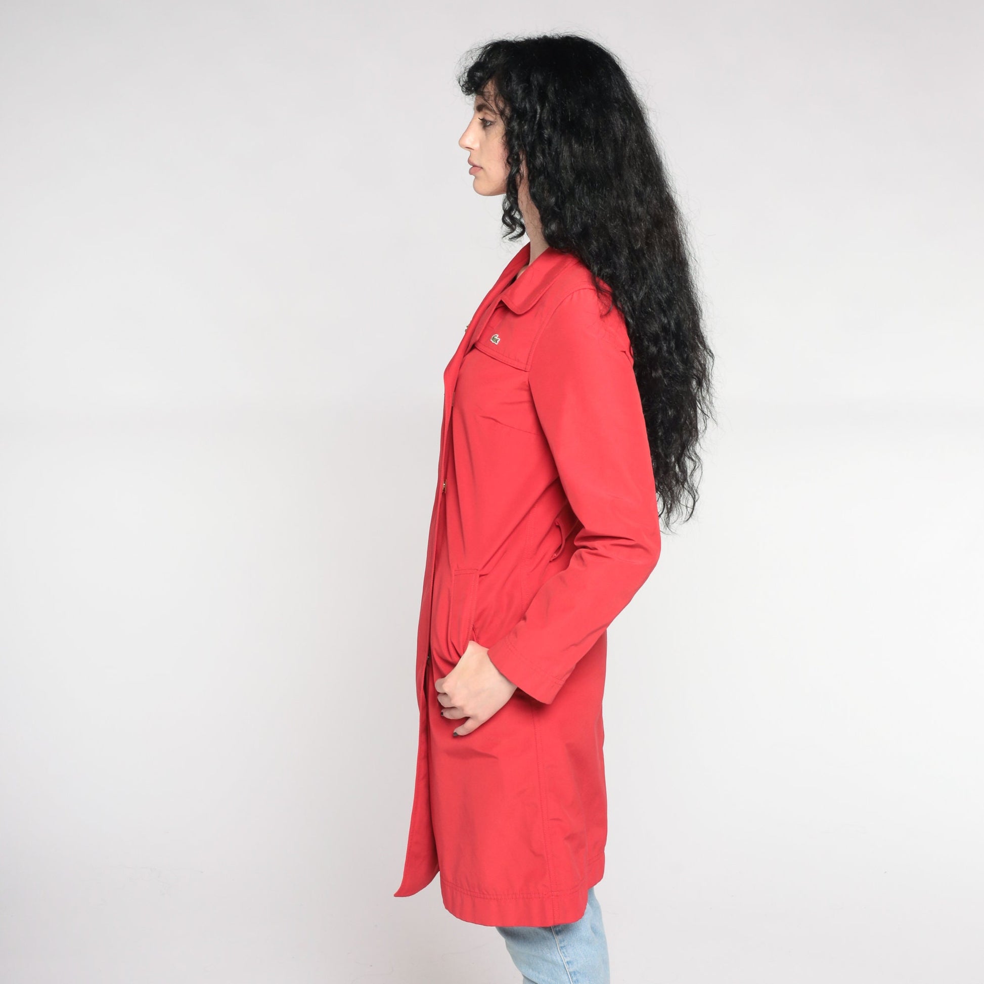 00s Lacoste Red Nylon Trench Coat Knee Length Extra Small