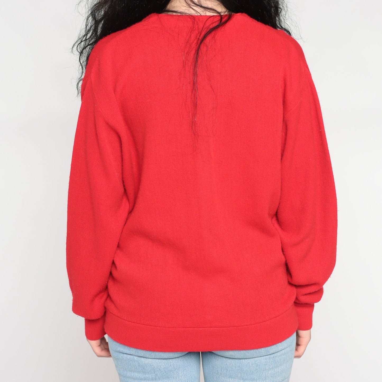 80s Red Knit Cardigan V-Neck Button-Up Sweater Large L