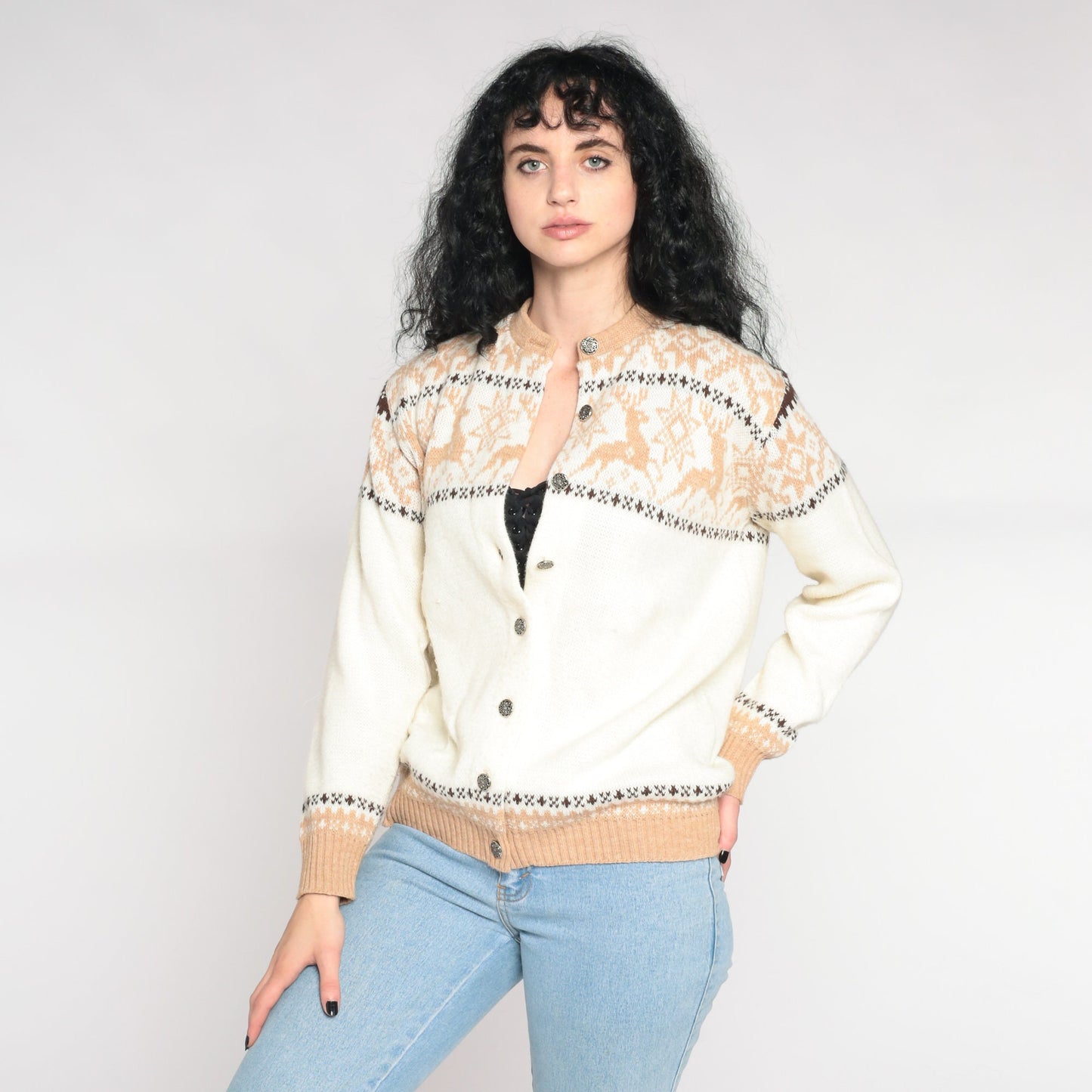 70s White Reindeer Fair Isle Cardigan Sweater Nordic Snowflake Button-Up Medium