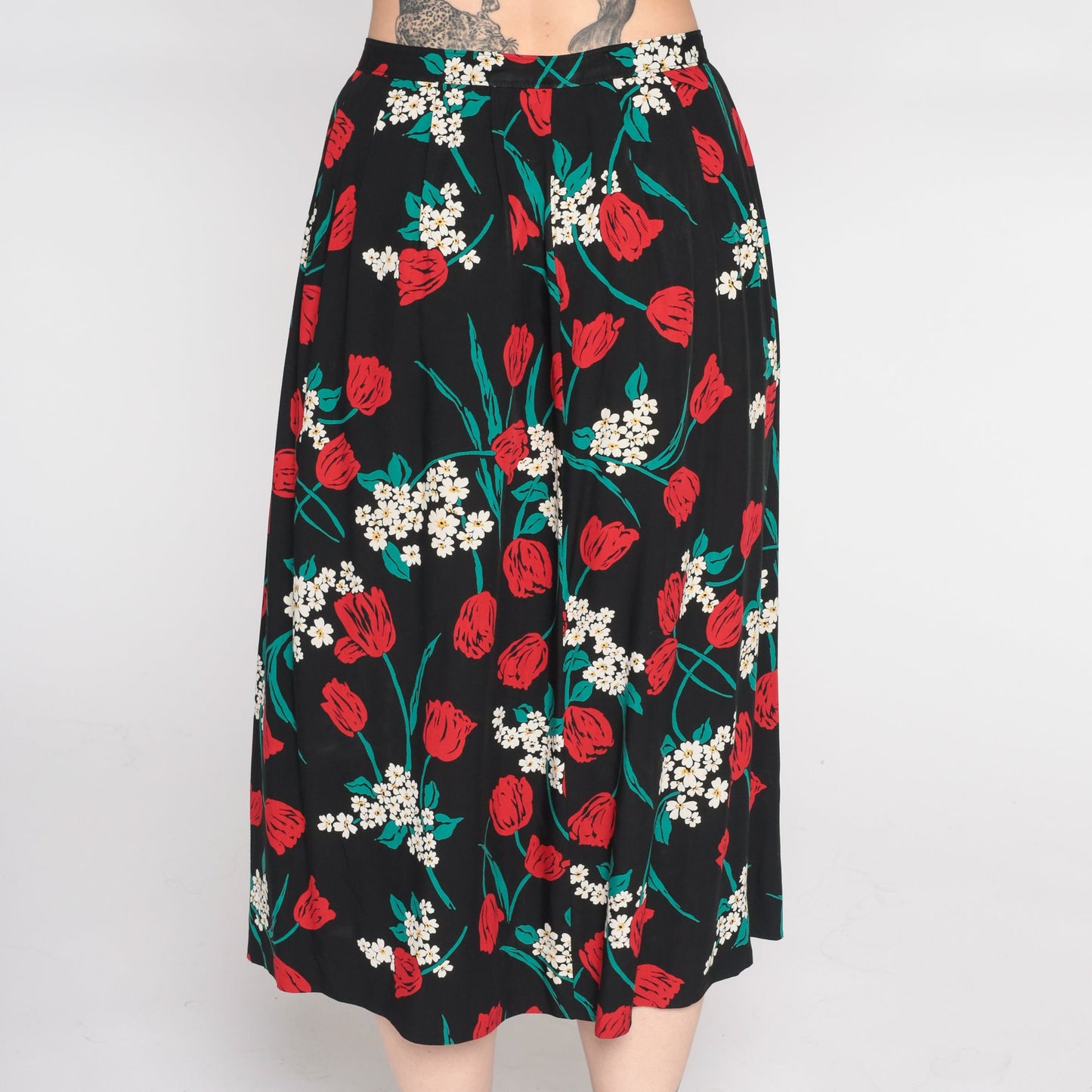 90s Pendleton Floral Midi Skirt Black Red High Waist Small