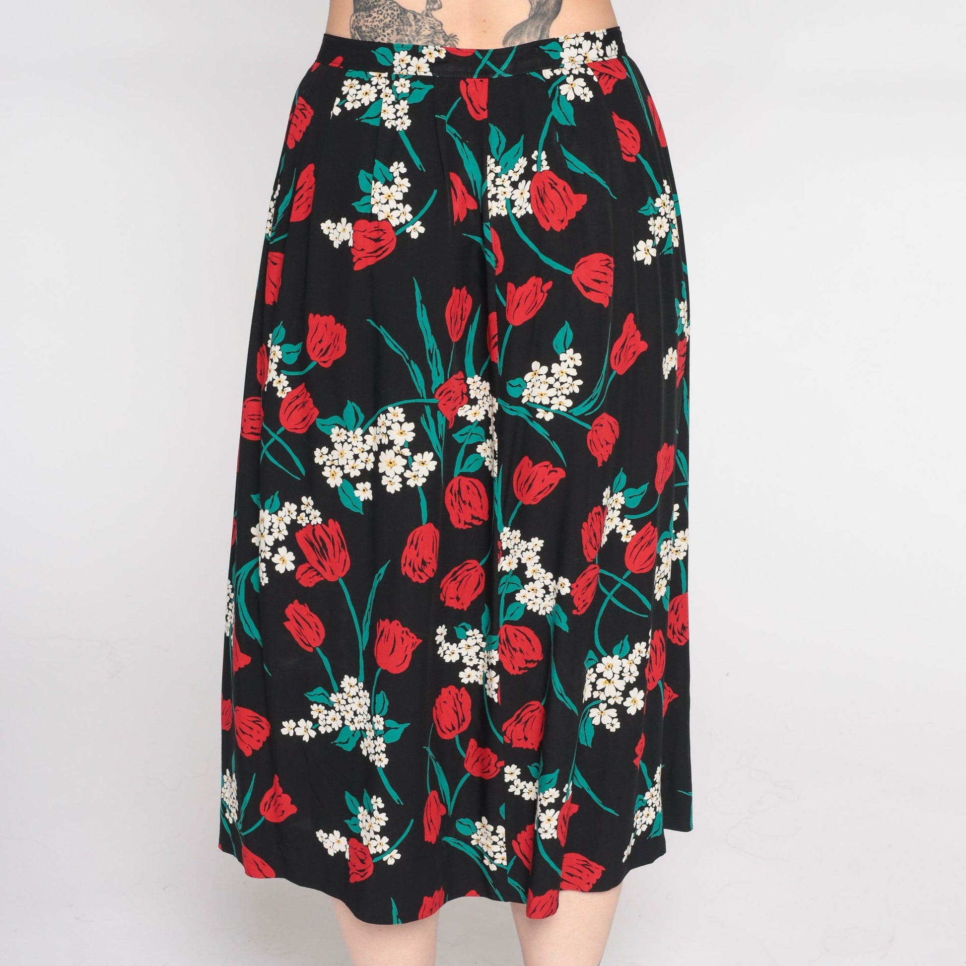 90s Pendleton Floral Midi Skirt Black Red High Waist Small