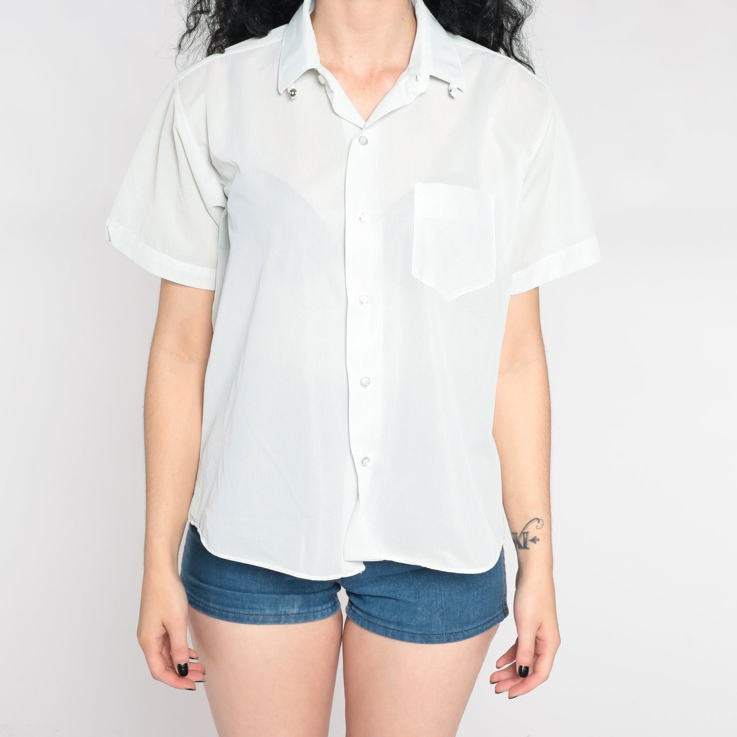 90s Mint Green Pinstripe Button-Up Shirt Semi-Sheer Short Sleeve Large