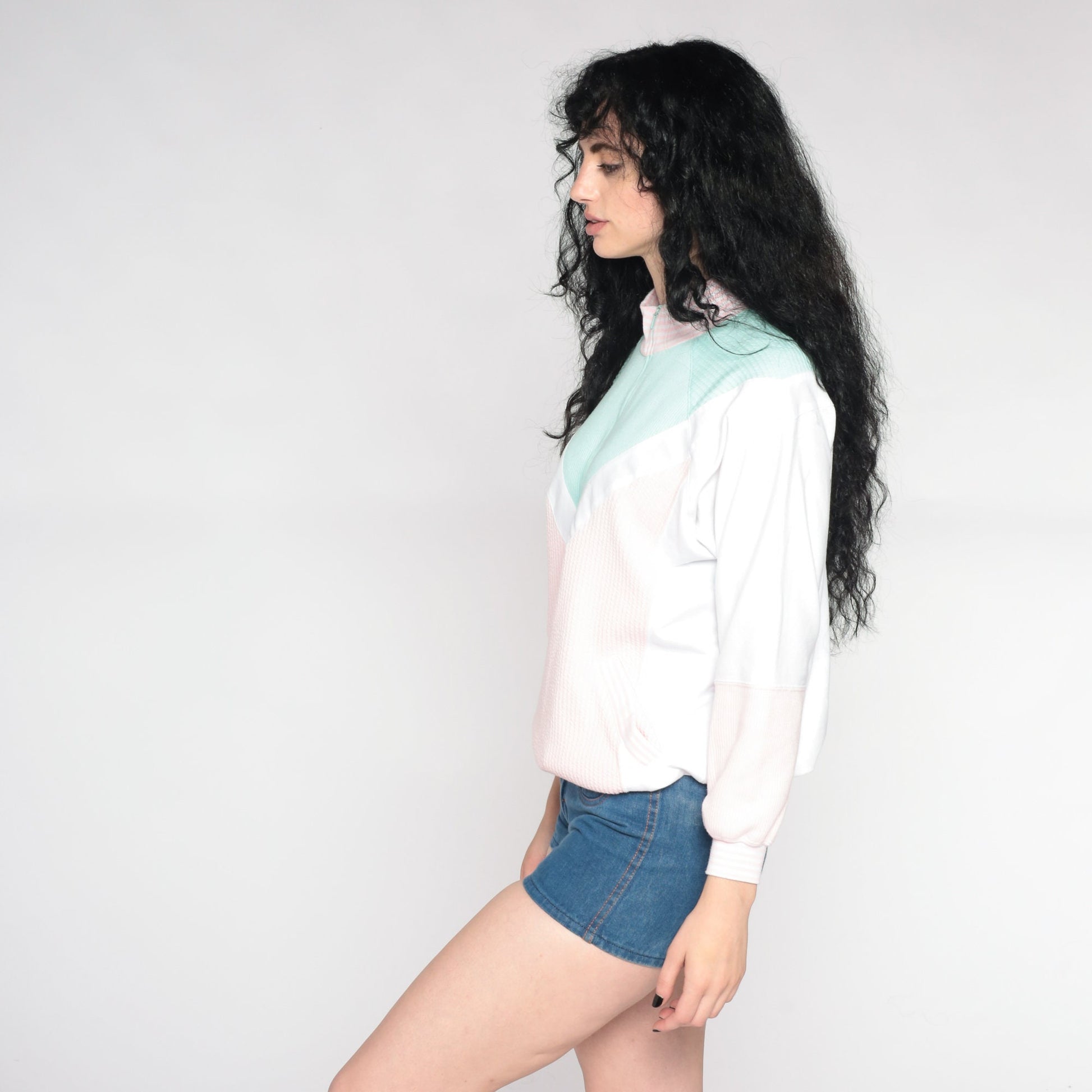80s Colour Block Quarter Zip Sweatshirt Mock Neck Pink Mint Medium
