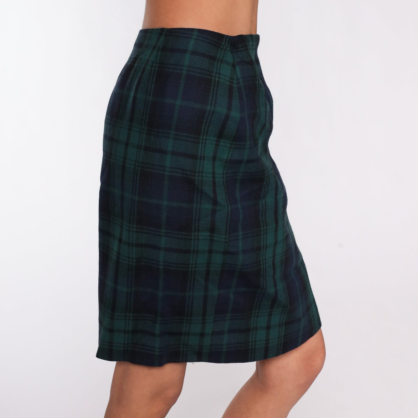 90s Wool Plaid Mini Pencil Skirt Navy Green High Waist Small 6
