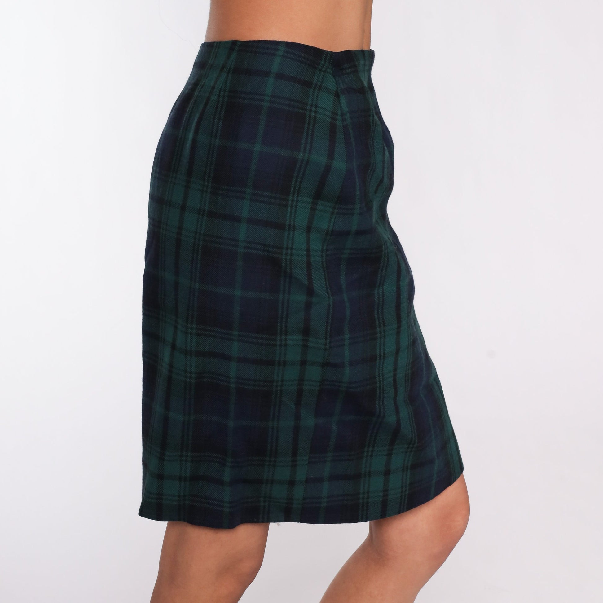 90s Wool Plaid Mini Pencil Skirt Navy Green High Waist Small 6