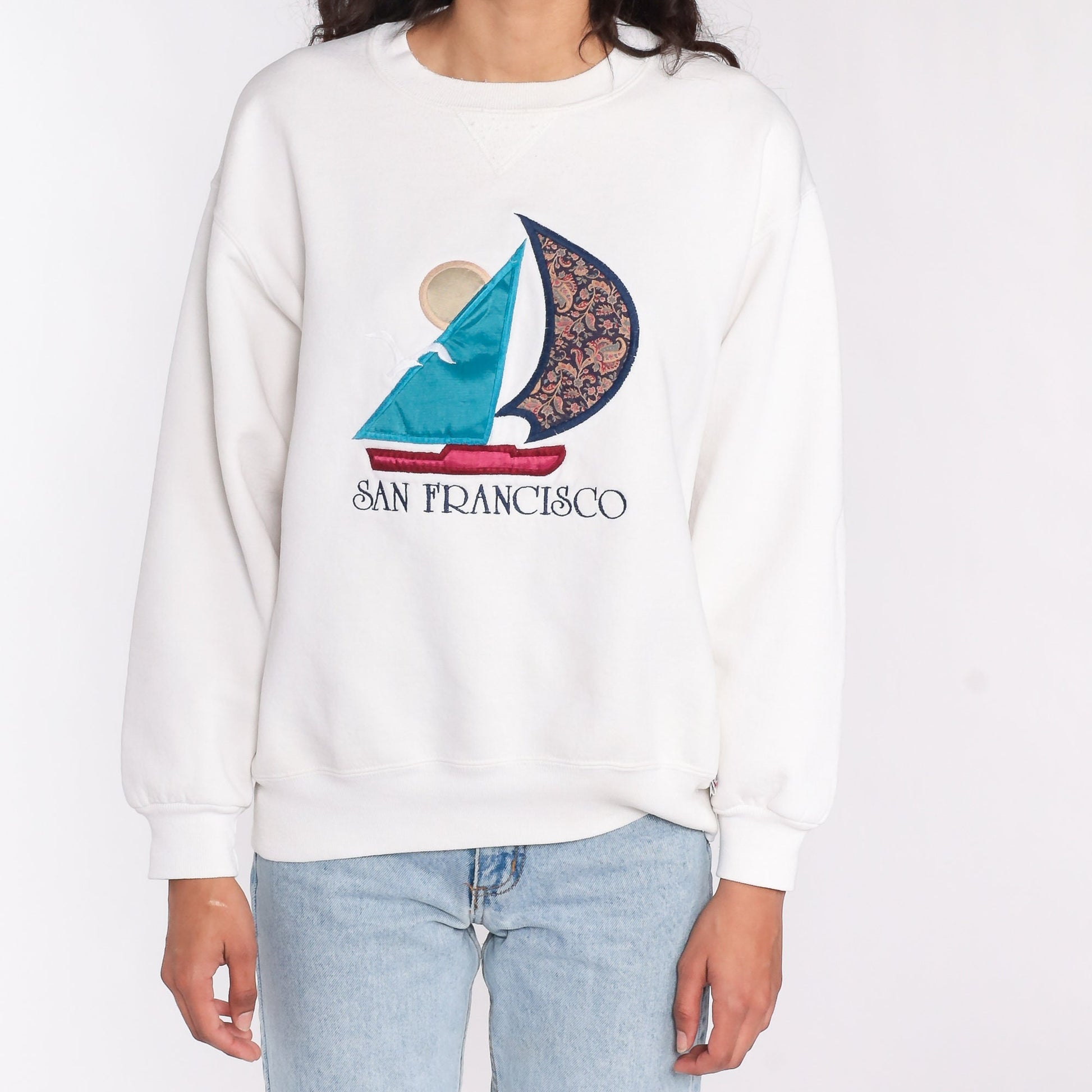90s San Francisco Sailboat Sweatshirt White Nautical Graphic Crewneck Large L
