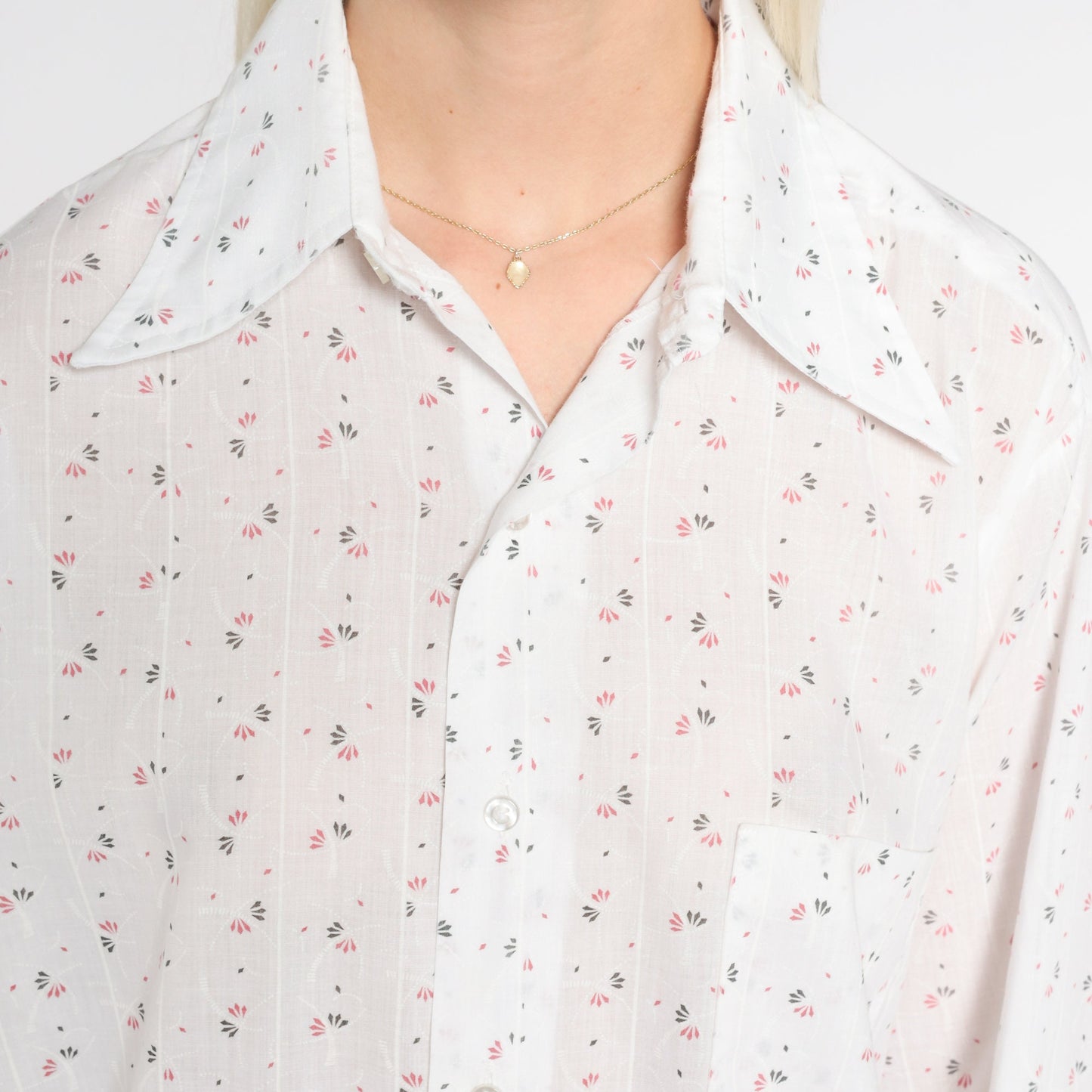 70s White Striped Floral Button-Up Shirt Long Sleeve Collar Large