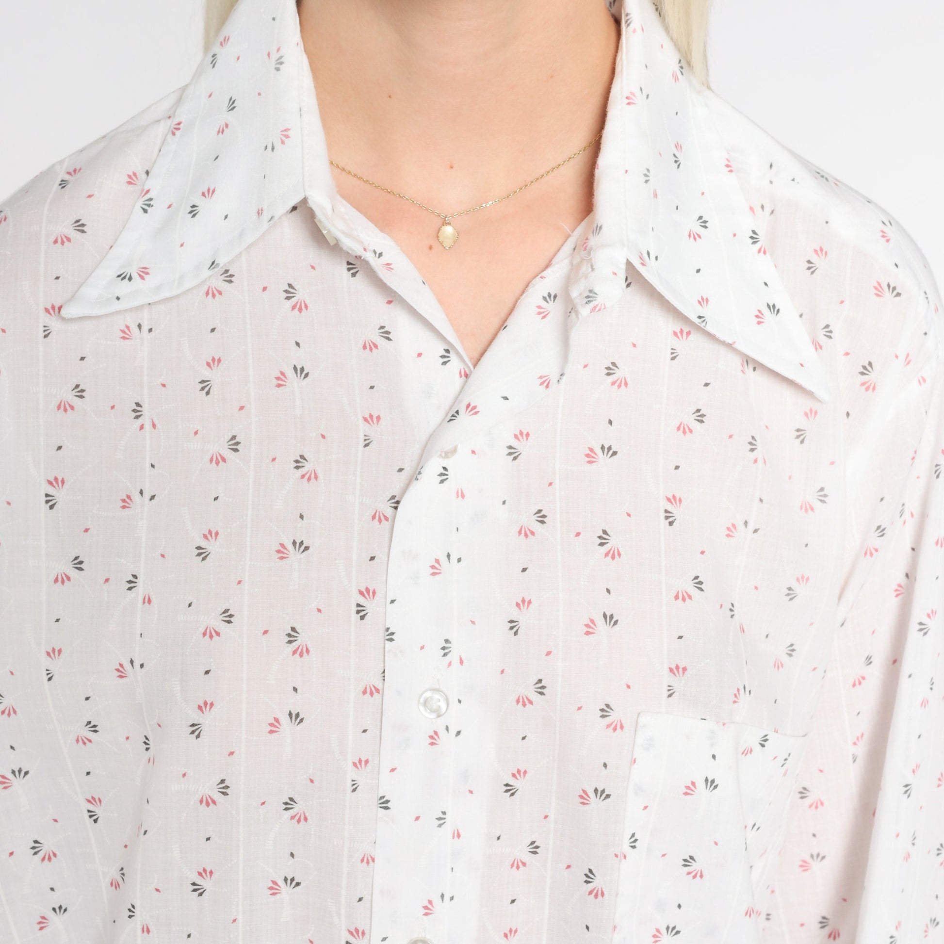 70s White Striped Floral Button-Up Shirt Long Sleeve Collar Large