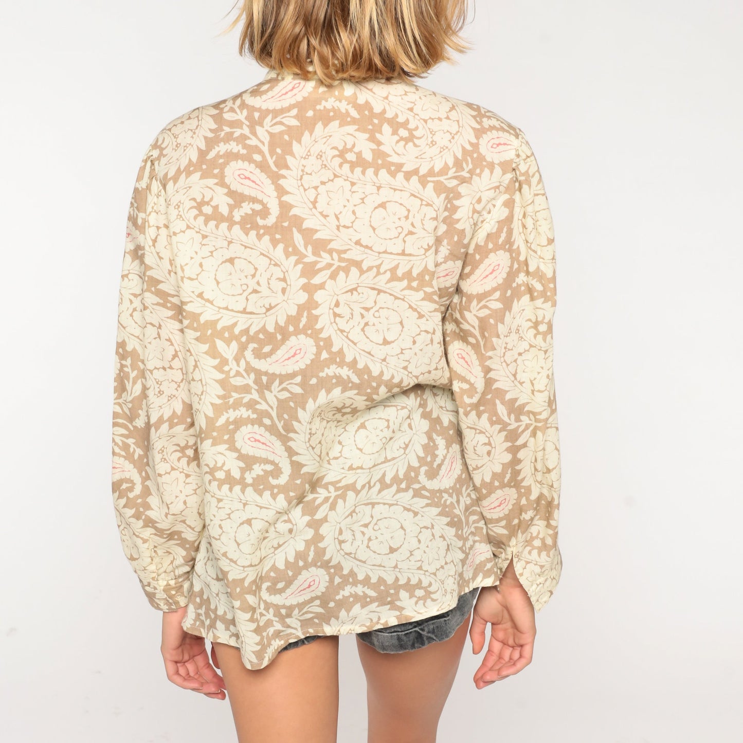 80s Paisley Necktie Blouse Tan Semi-Sheer Button-Up Long Sleeve Large L