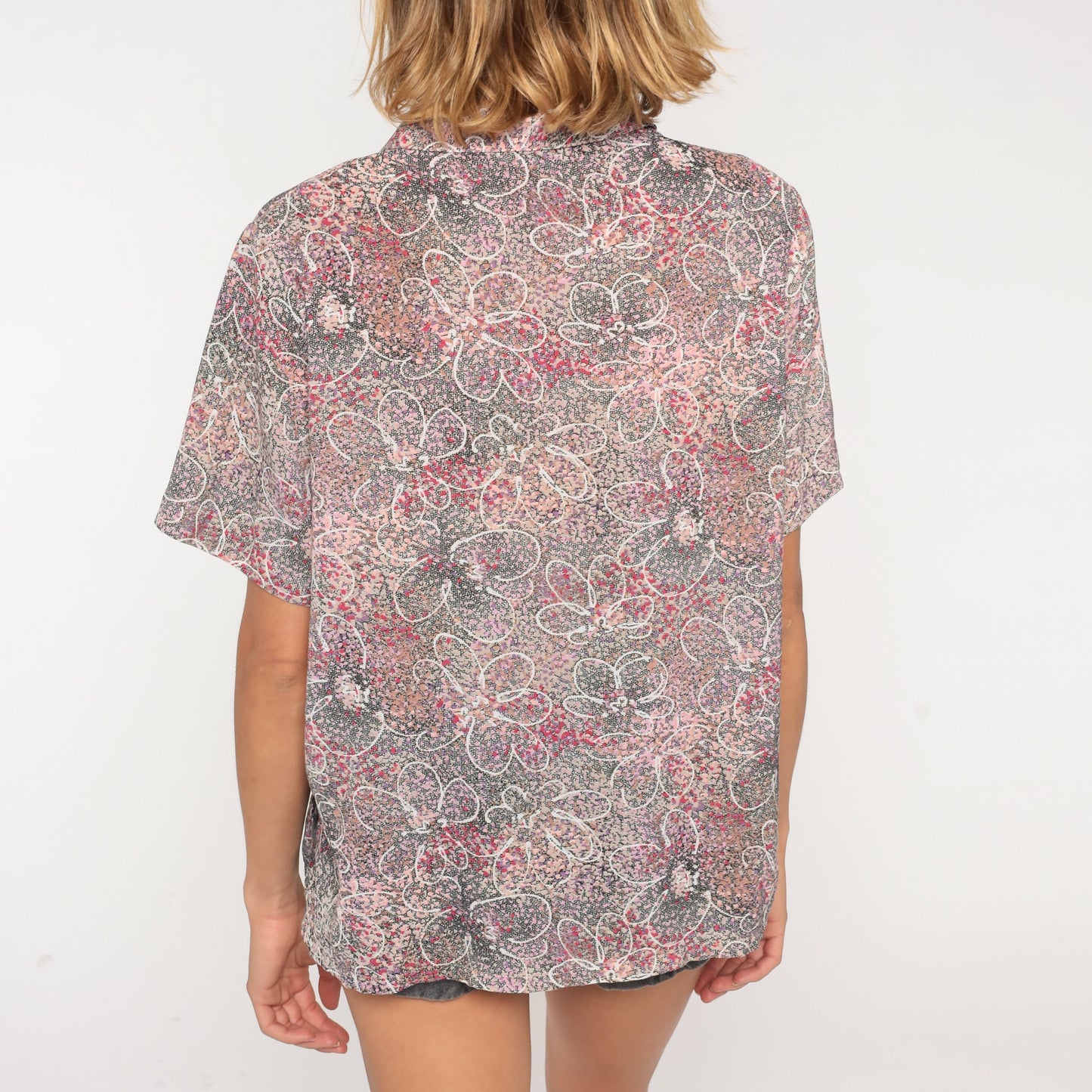 90s Floral Metallic Button-Up Blouse Short Sleeve Collared Shirt Large L