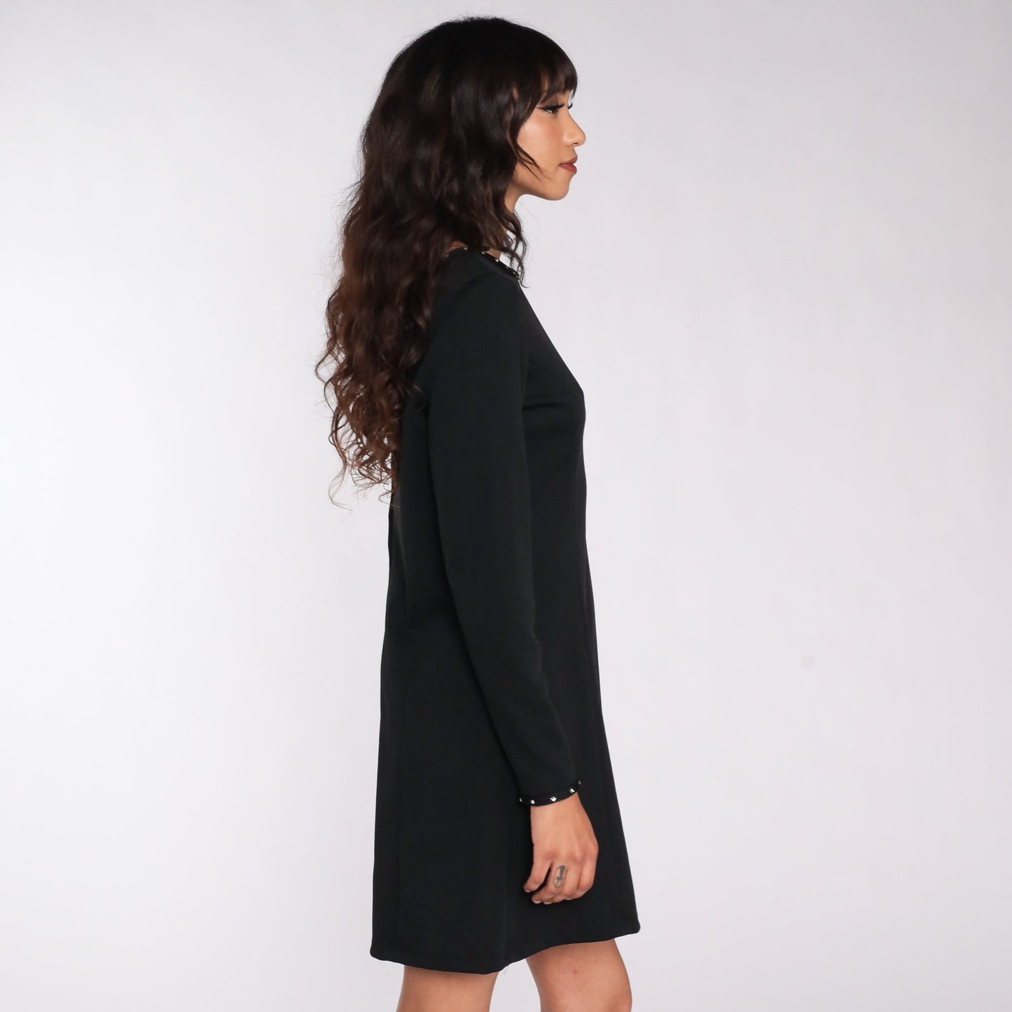 70s Black Mini Dress Rhinestone Low Back Shift Dress Medium