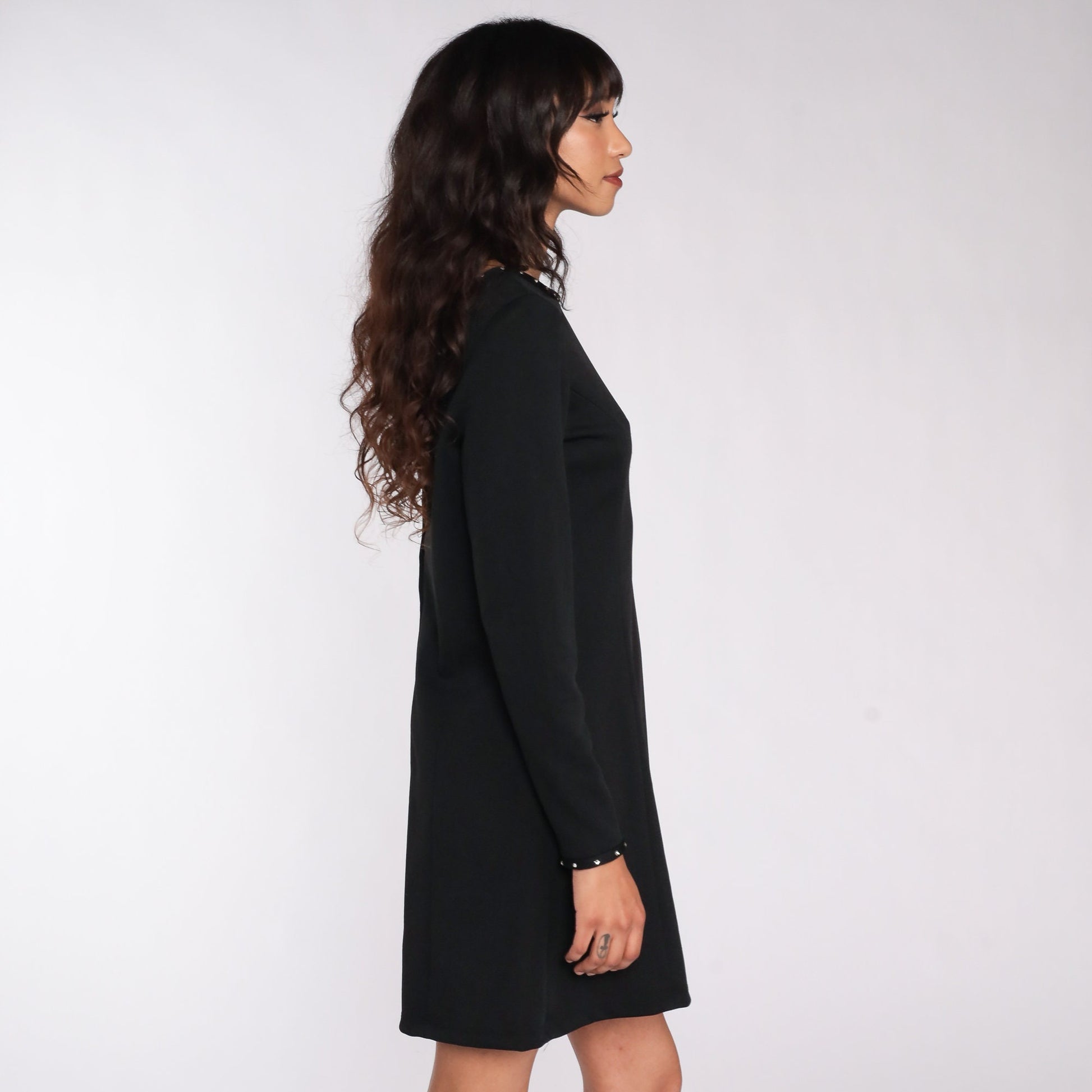 70s Black Mini Dress Rhinestone Low Back Shift Dress Medium
