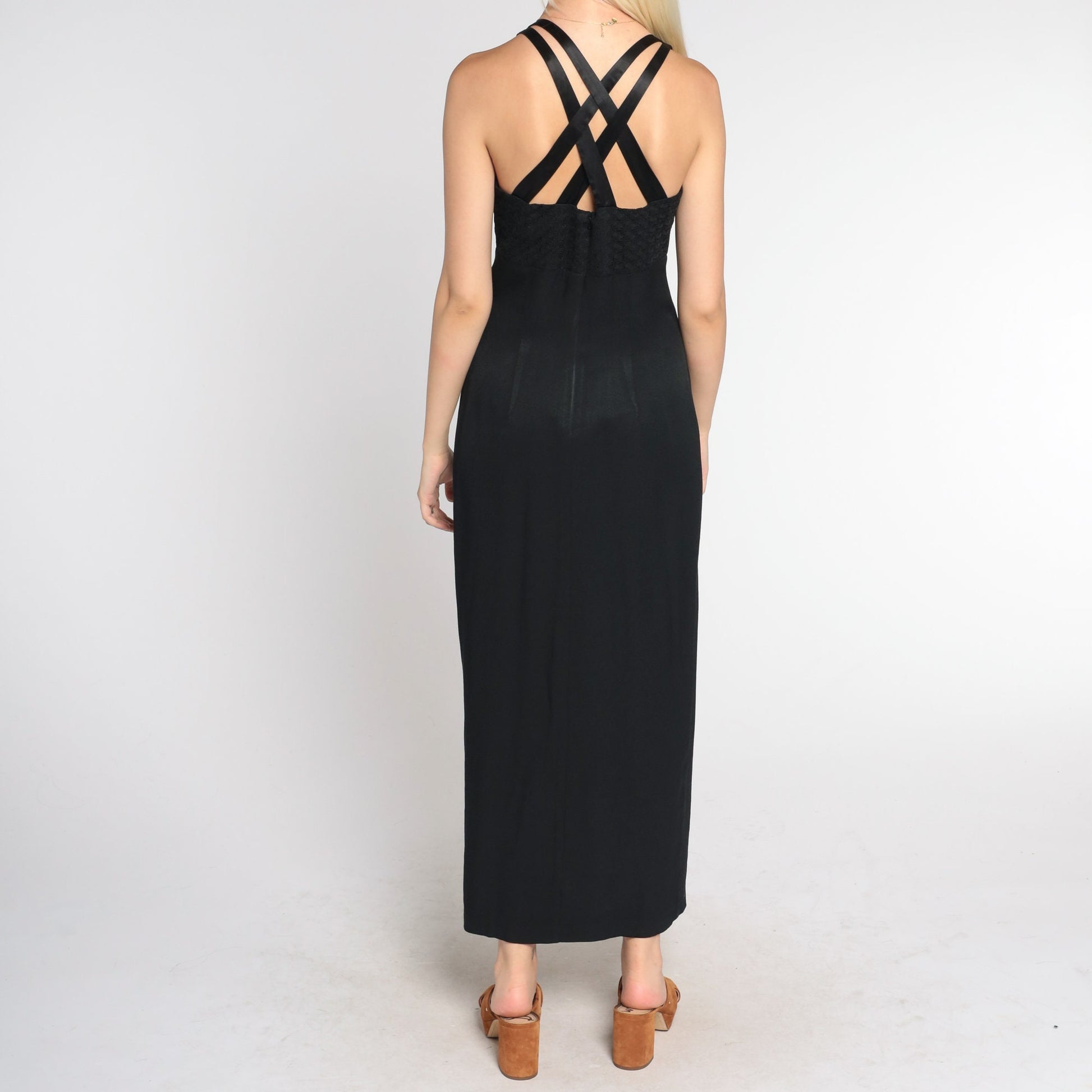 90s Black Maxi Dress High Slit Criss Cross Straps Empire Waist Small 4