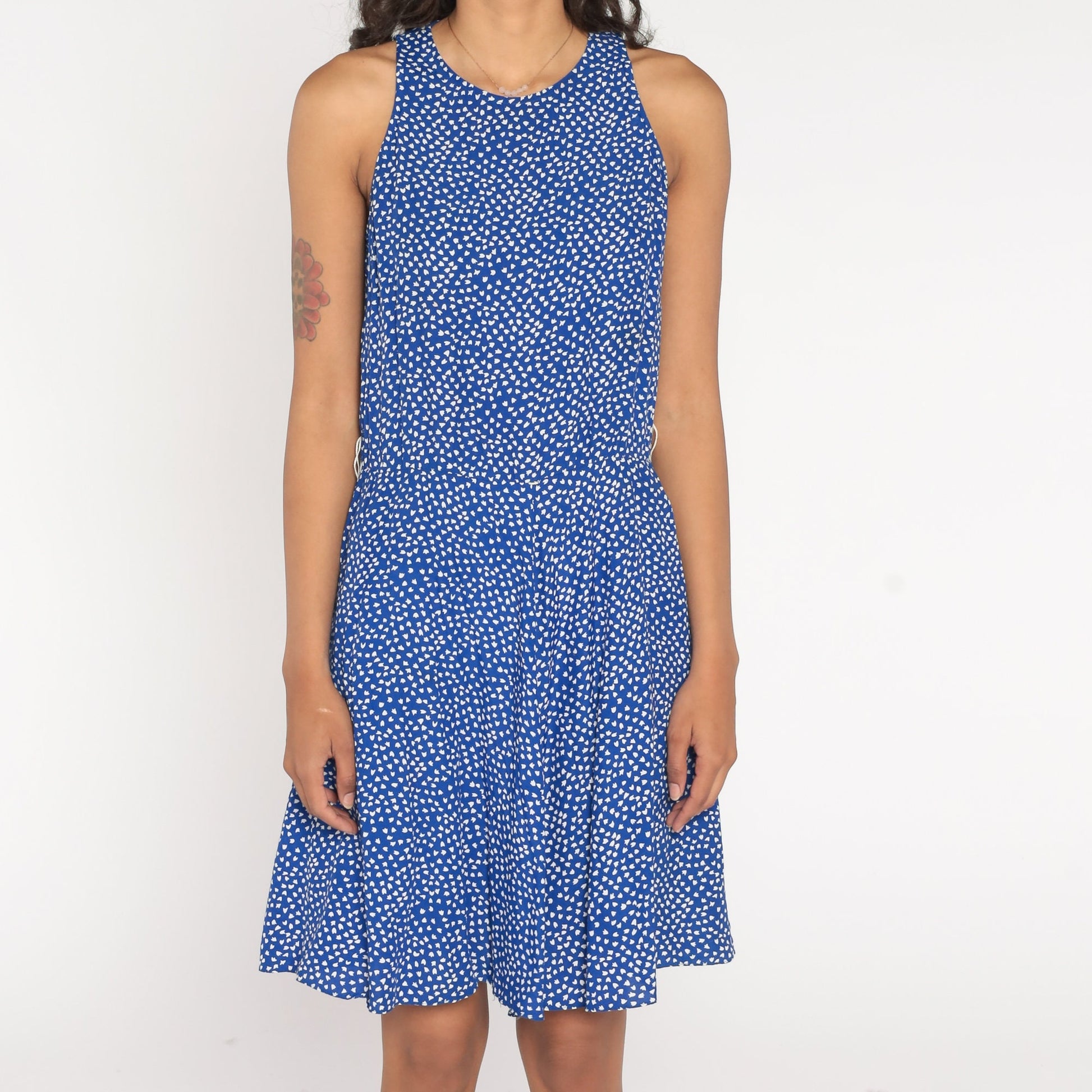80s Blue Tulip Floral Mini Dress Sleeveless High Waist A-Line Extra Small