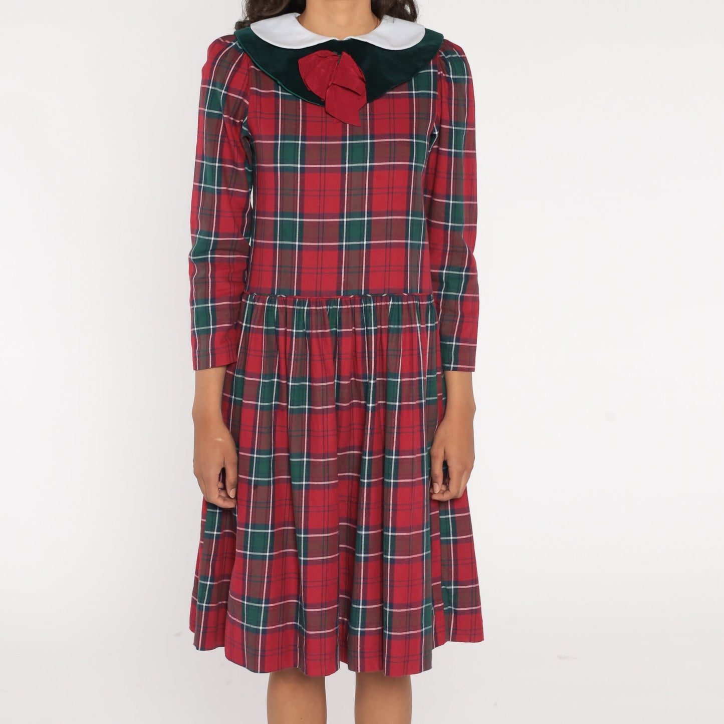 80s Red Plaid Midi Dress Peter Pan Collar Puff Sleeve Drop Waist Extra Small