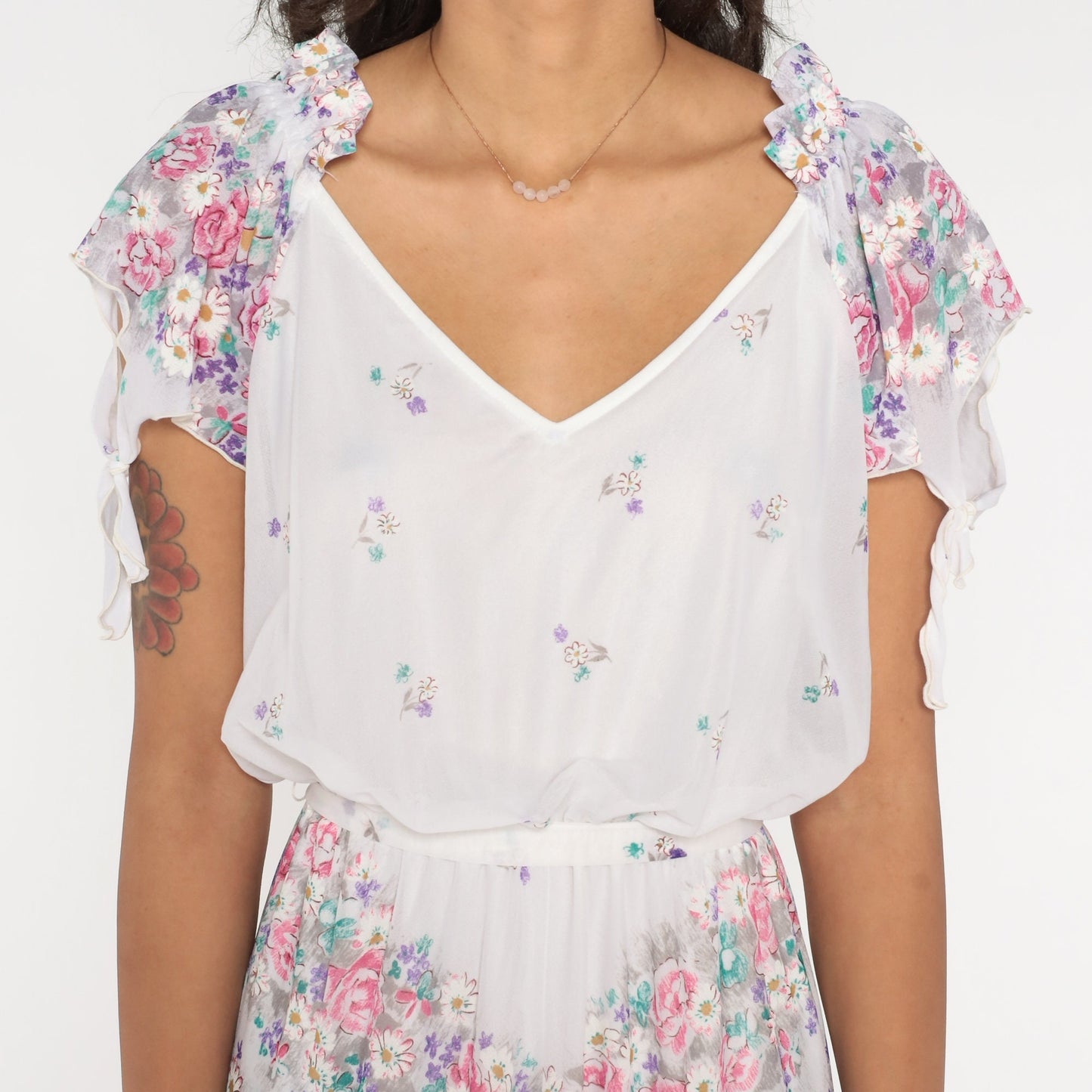 70s Floral Midi Dress White Print Flutter Sleeve Tie Waist Small Medium