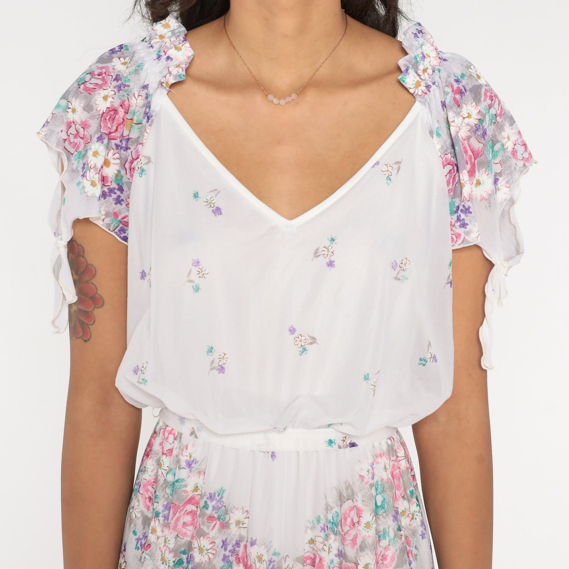70s Floral Midi Dress White Print Flutter Sleeve Tie Waist Small Medium