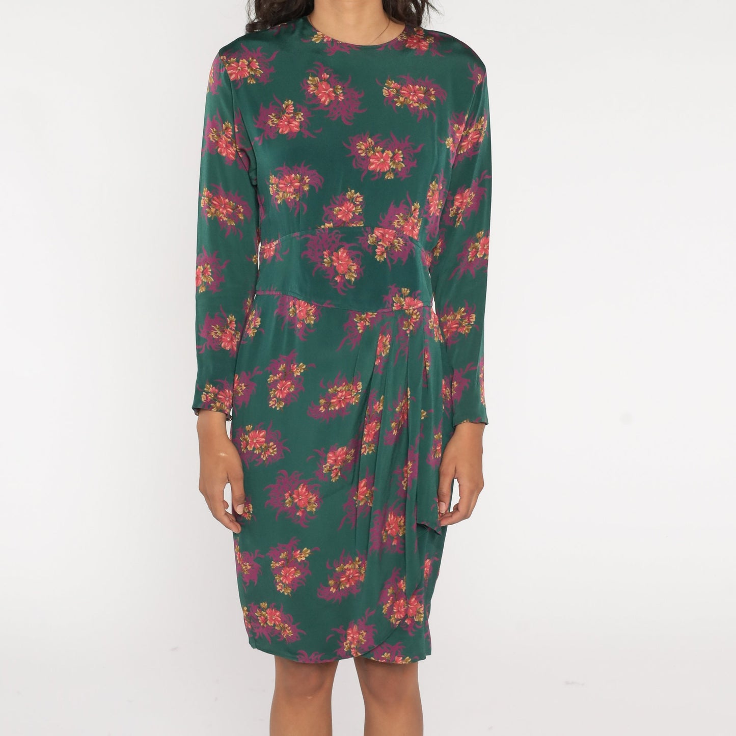 90s Liz Claiborne Green Floral Tulip Hem Sheath Dress Knee Length Medium