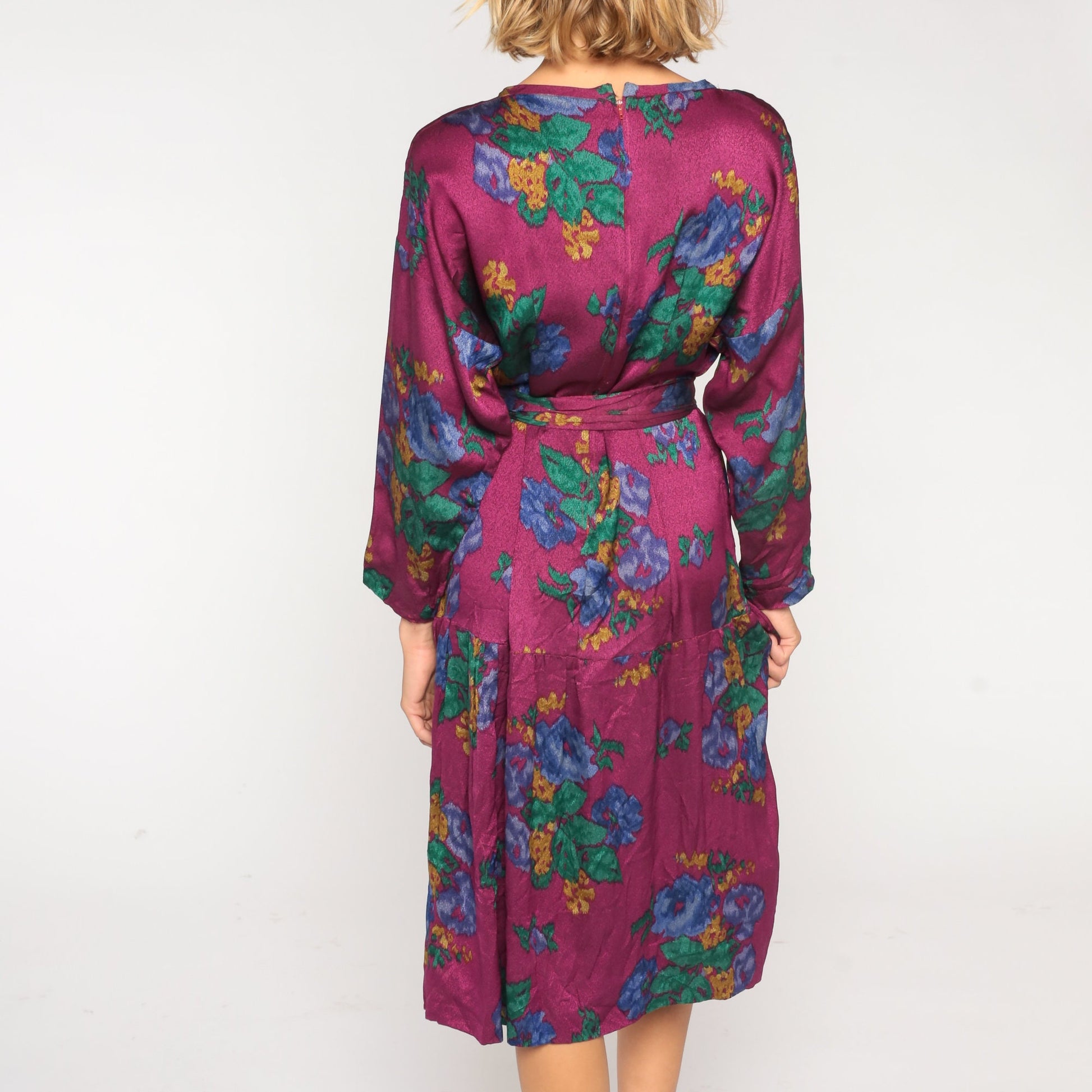 90s Purple Floral Midi Dress Long Sleeve Tie Belt Medium