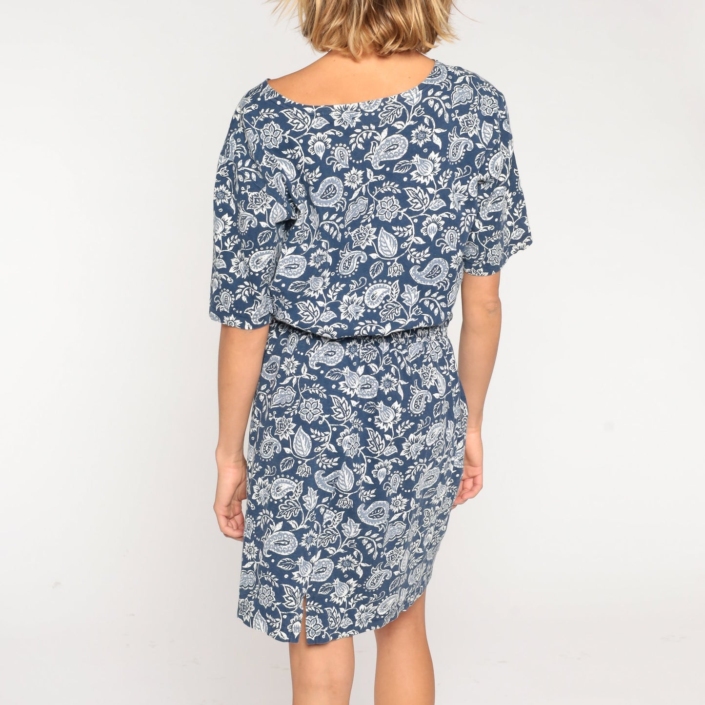 00s Blue Paisley Floral Mini Dress High Waist Cotton Short Sleeve Medium M