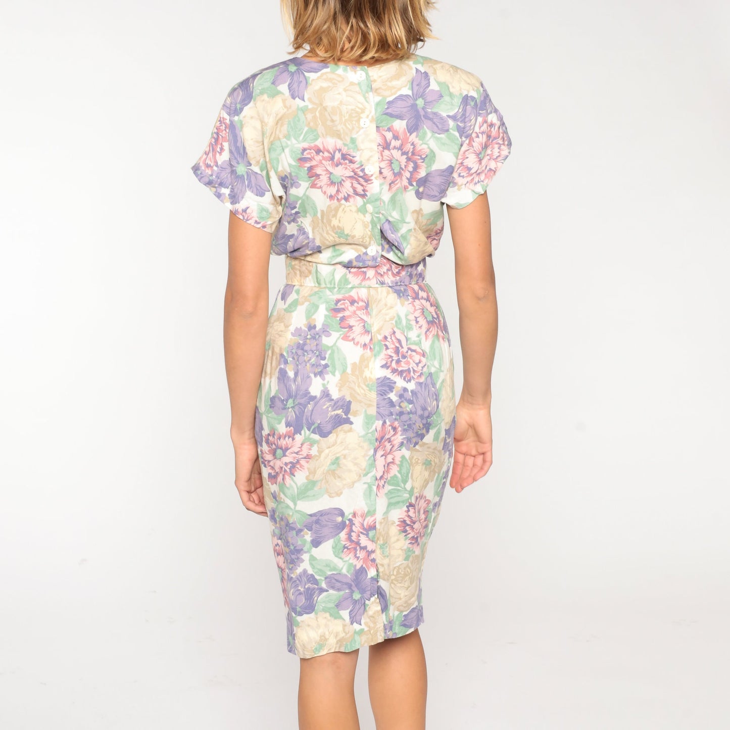 80s Floral Midi Dress White Lace Appliqué Belted Pencil Short Sleeve Small S