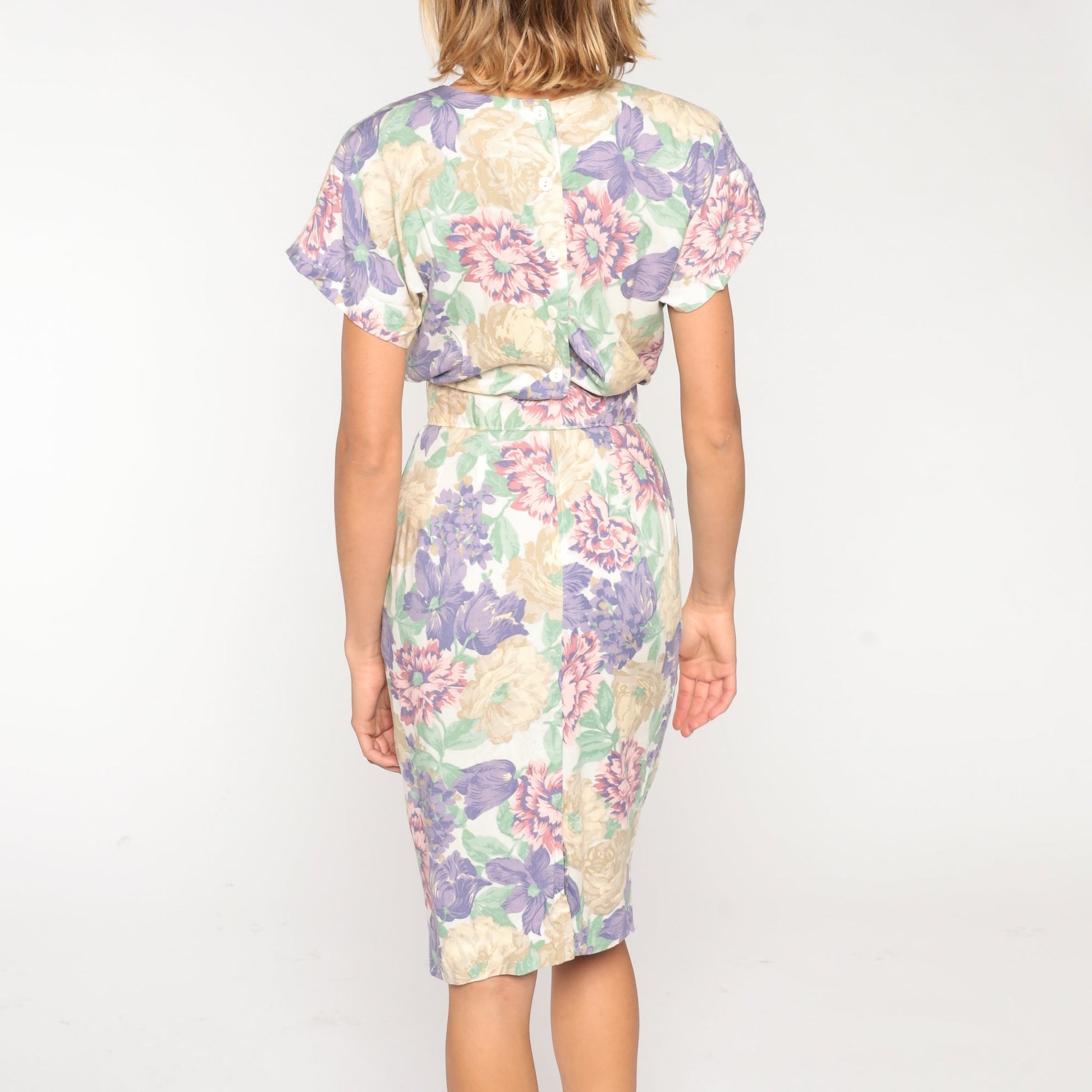 80s Floral Midi Dress White Lace Appliqué Belted Pencil Short Sleeve Small S