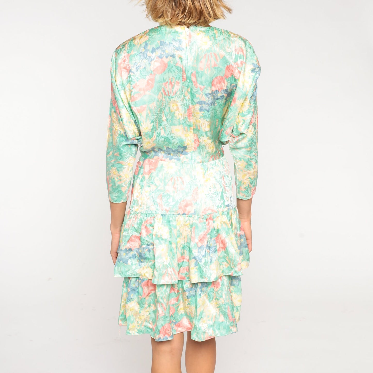 80s Silk Floral Mini Dress Green Print High Waist Tiered Long Sleeve Small 6